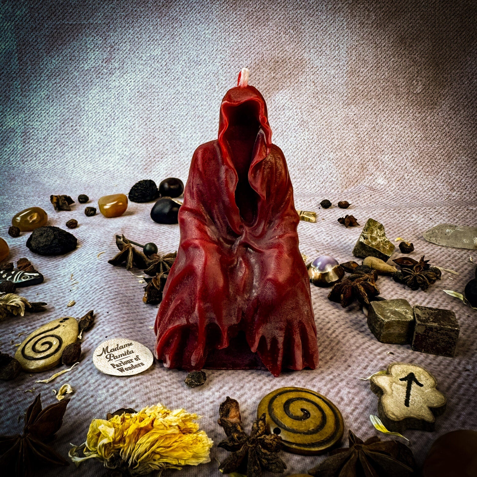 Yellow beeswax candle by Parlour of Wonders designed for psychic ability and spirit realm connection, with a beeswax seer spirit spell theme.