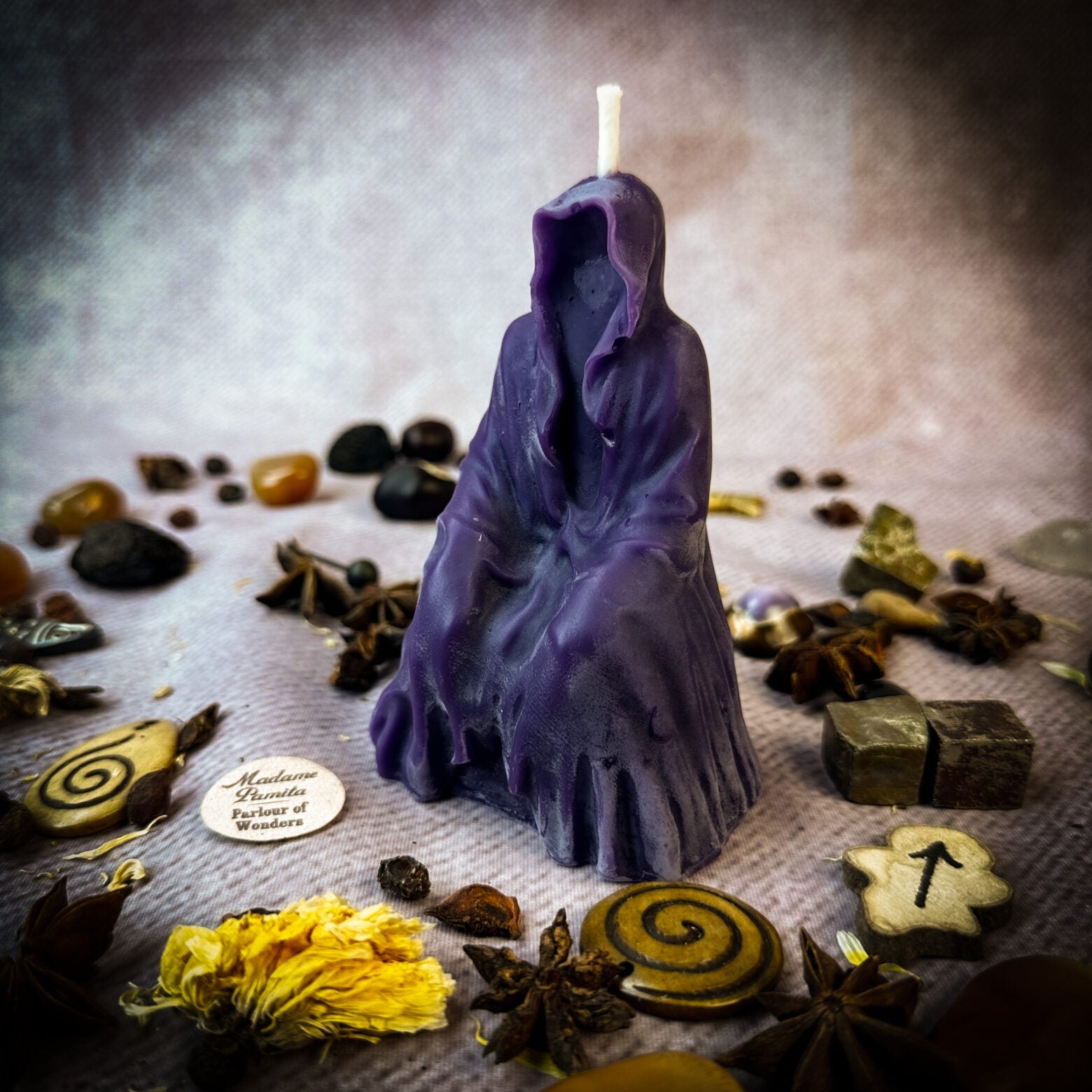 Yellow beeswax candle from Parlour of Wonders, used for psychic ability and spirit realm connection in spiritual rituals.
