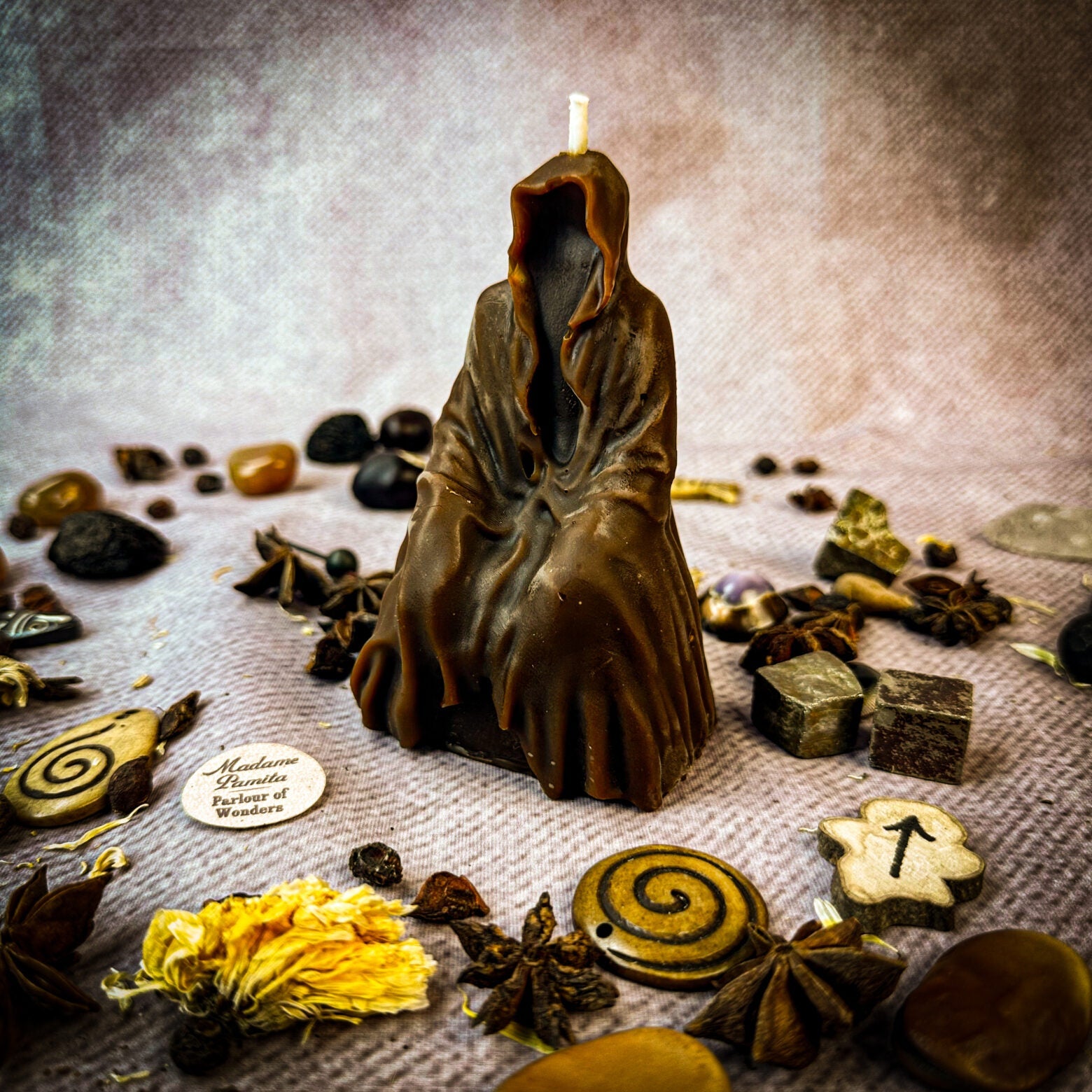 Yellow beeswax candle from Parlour of Wonders for psychic ability and spirit realm connection, with a beeswax seer spirit spell design.