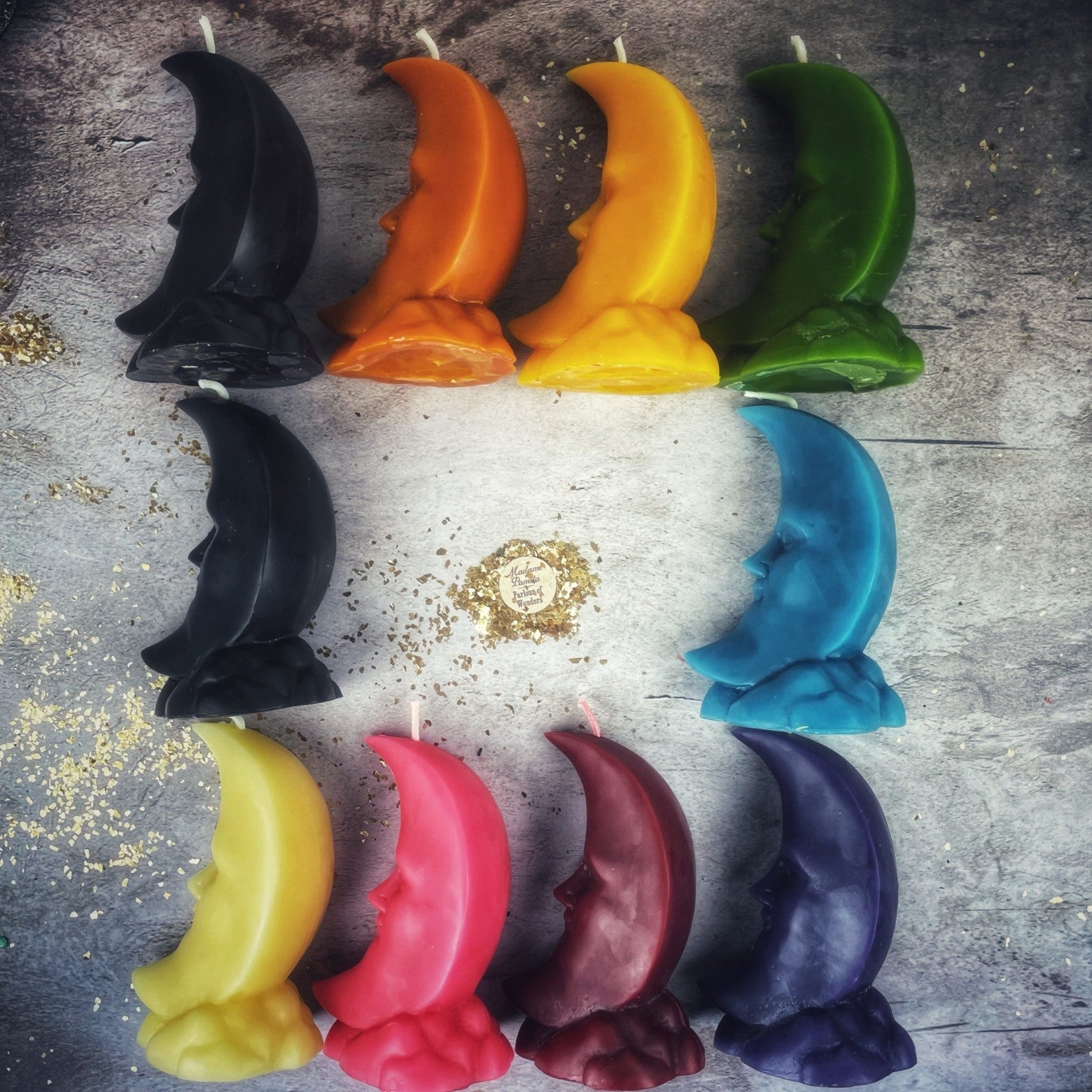 Yellow beeswax crescent moon spell candle by Parlour of Wonders, designed for lunar magic and manifestation rituals.