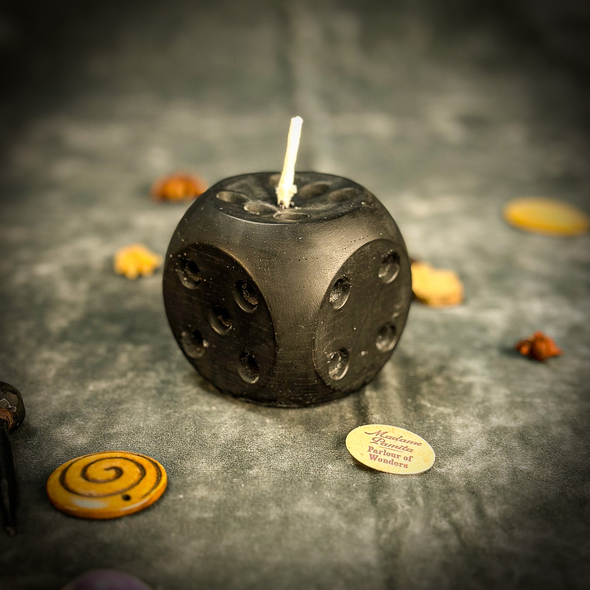 Beeswax Lucky Dice Spell Candle by Parlour of Wonders featuring yellow beeswax with dice design for gambling luck and good fortune.