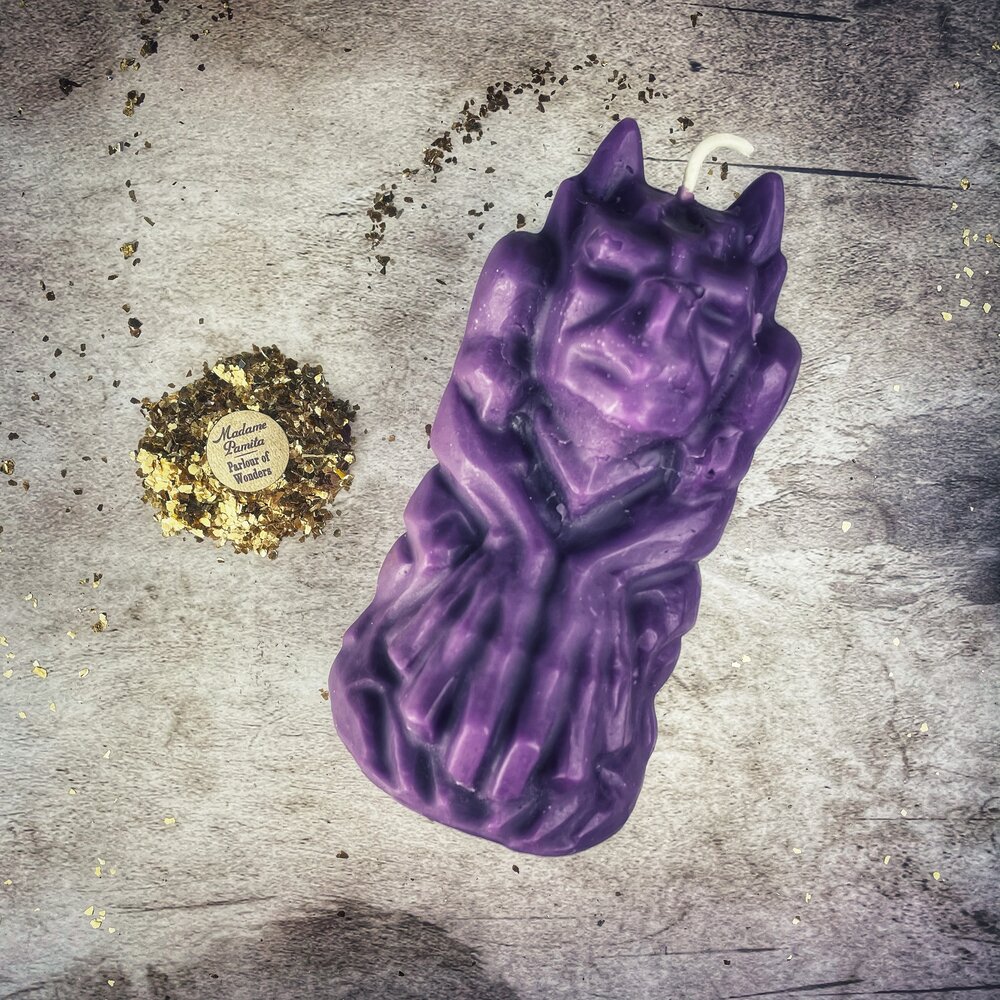 Beeswax Gargoyle Protector Spell Candle by Parlour of Wonders, featuring a yellow beeswax candle with guardian and protection magic symbols.