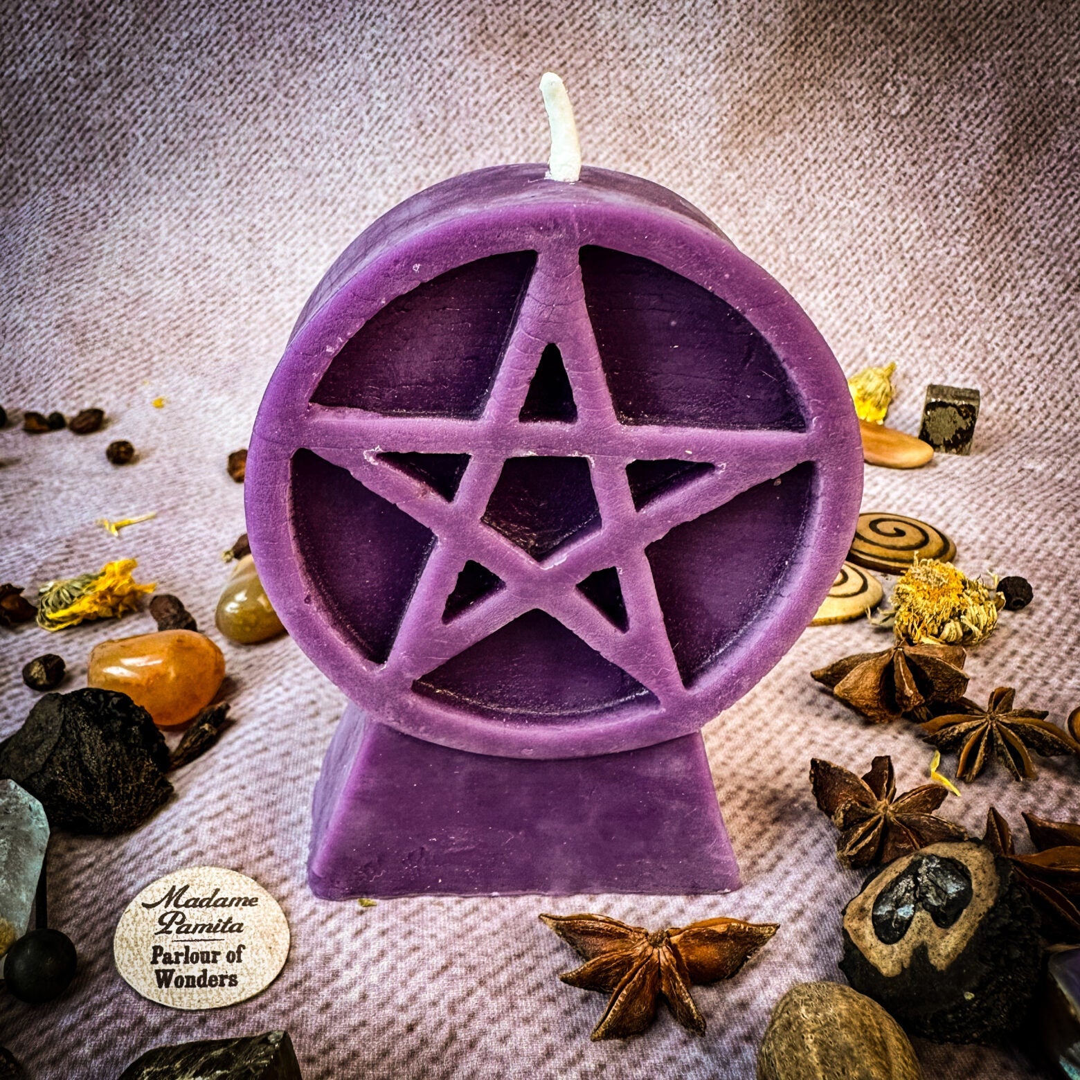 Yellow beeswax candle with pentacle of protection, symbolizing spiritual safety and five elements, designed for spell casting and protection.