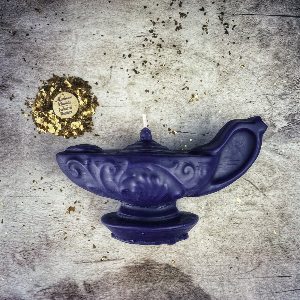 Yellow beeswax Aladdin's lamp spell candle by Parlour of Wonders, designed for wish manifestation and magic rituals.