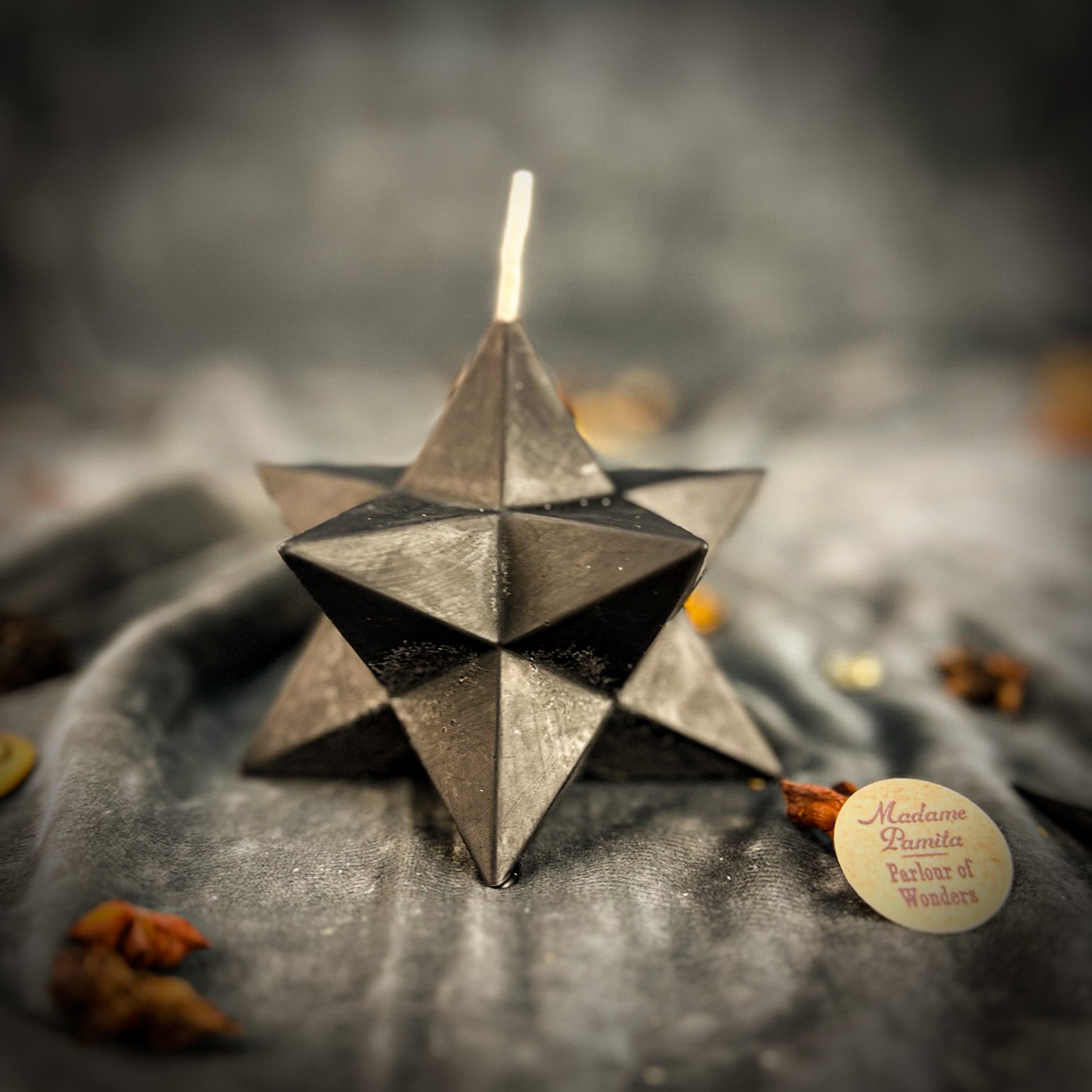 Yellow beeswax pentagram Merkaba candle with sacred geometry design, used for protection, ascension, and spiritual rituals.