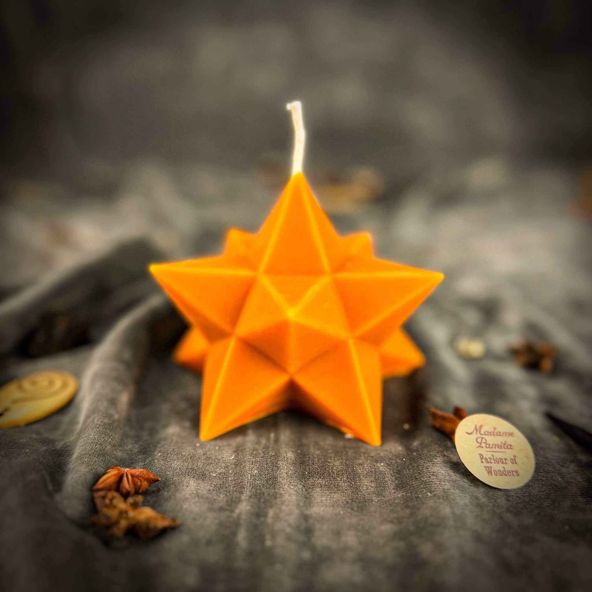 Yellow beeswax pentagram Merkaba spell candle by Parlour of Wonders with sacred geometry for protection and spiritual ascension.