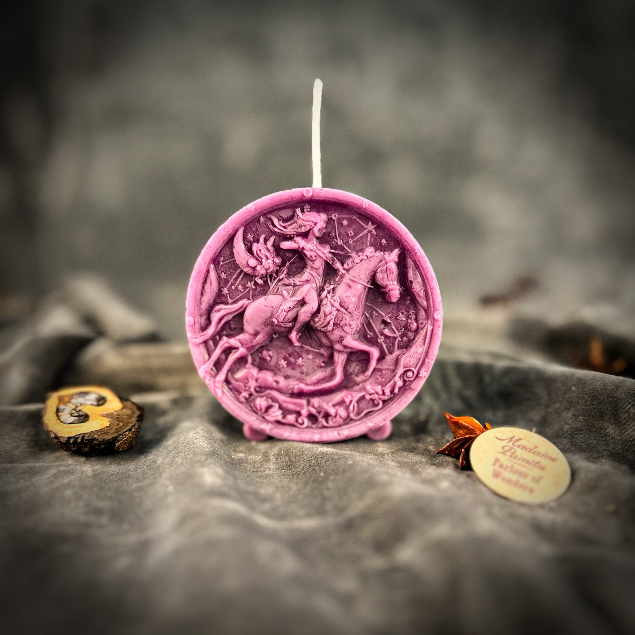 Yellow beeswax Sagittarius Archer zodiac spell candle by Parlour of Wonders, featuring a detailed archer design for adventure and wisdom.