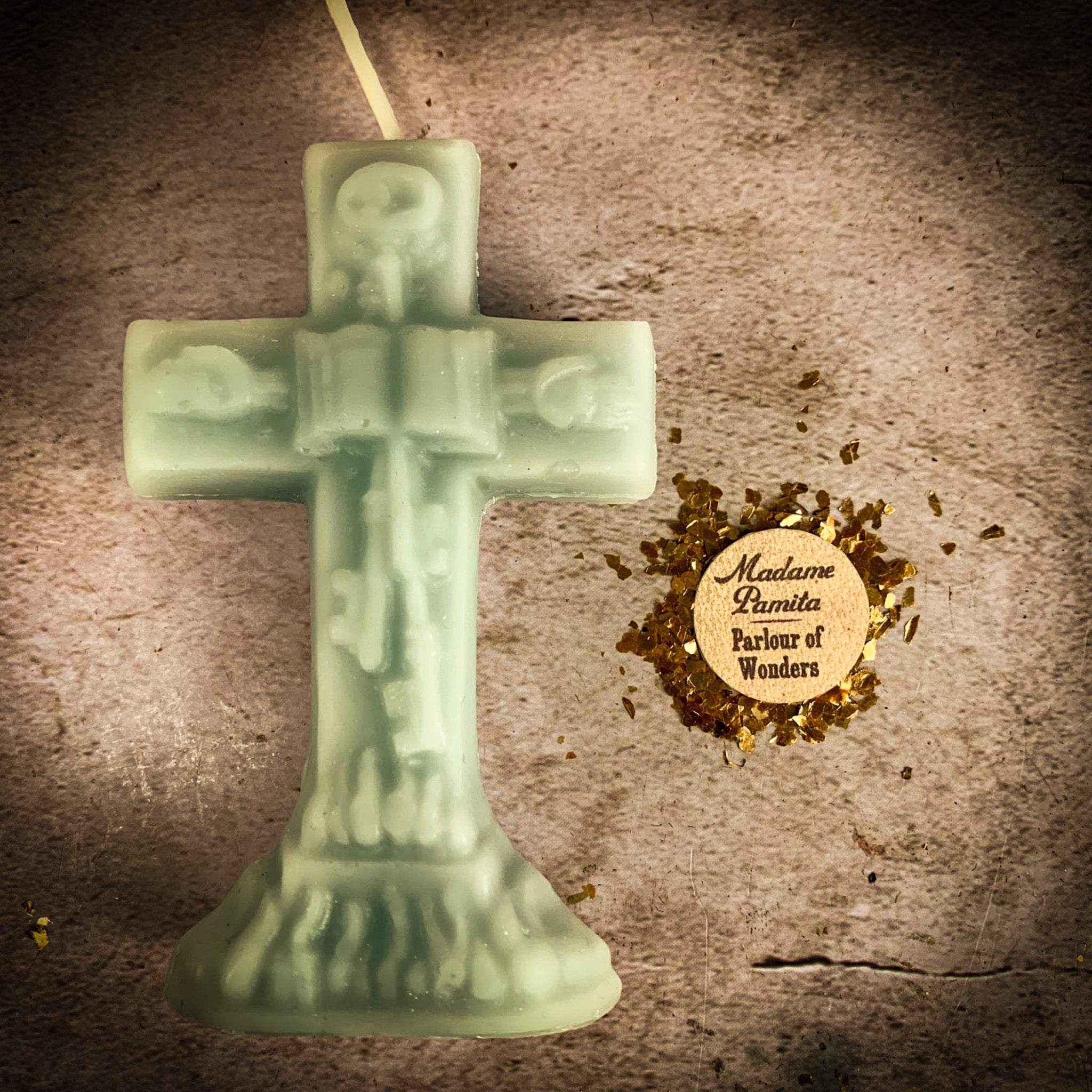 Yellow beeswax candle for uncrossing spells, removing hexes, curses, and jinxes, by Parlour of Wonders.