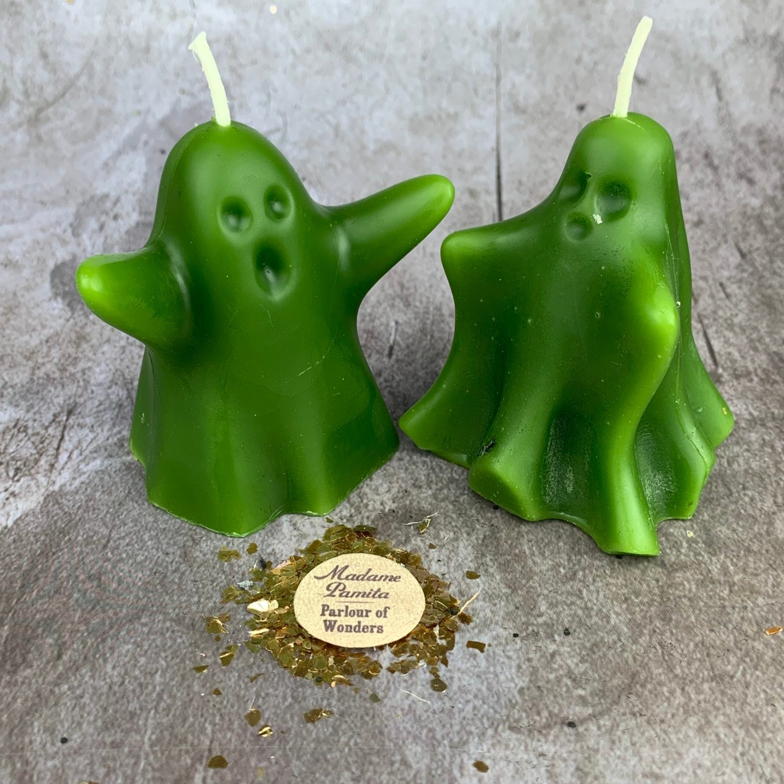 Parlour of Wonders beeswax candle set featuring yellow wishing ghosts for spirit guide and ancestor magic rituals.