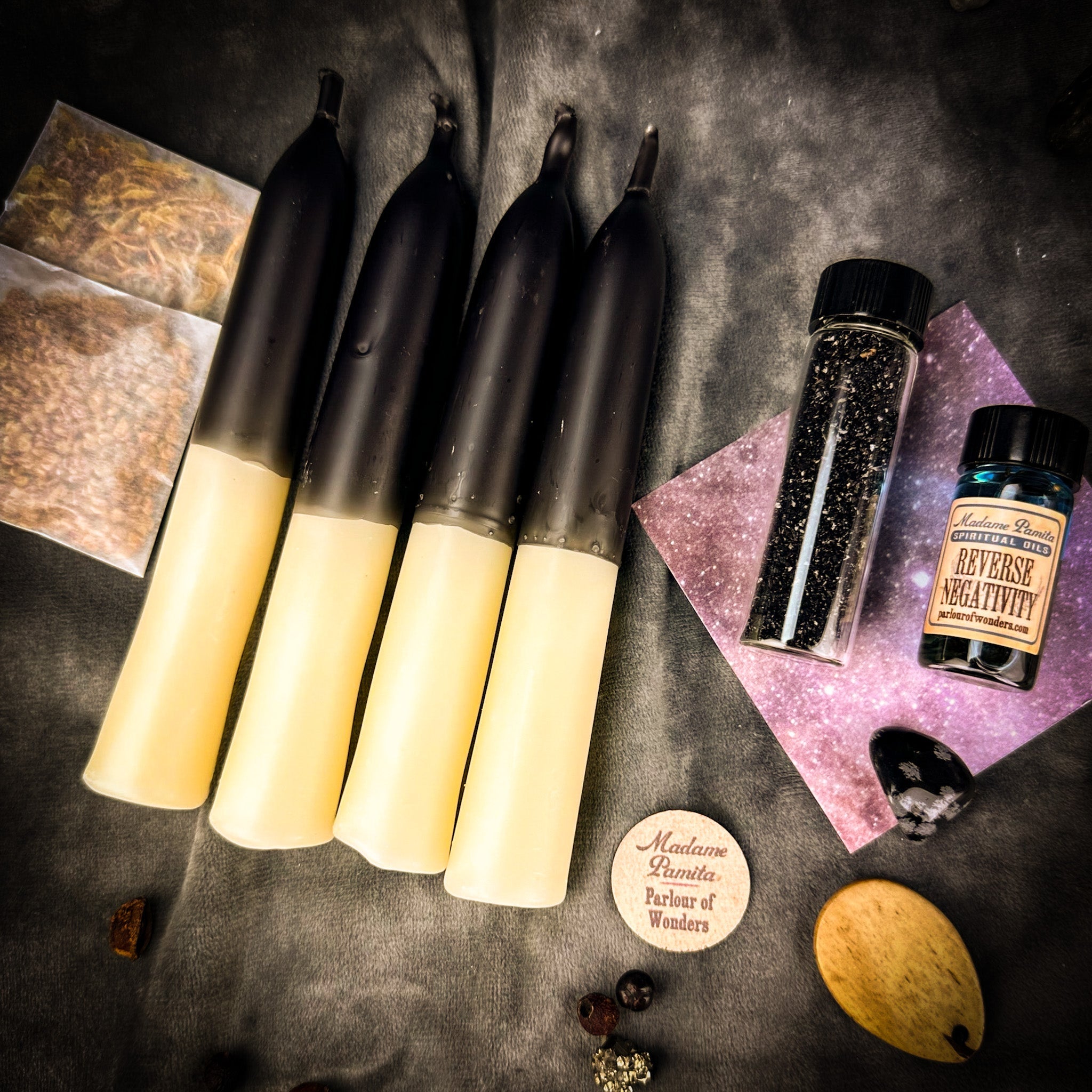 Parlour of Wonders Reversing Candle Spell Booster Pack with herbs and charms for curse reversal and enhancing candle spell kits.