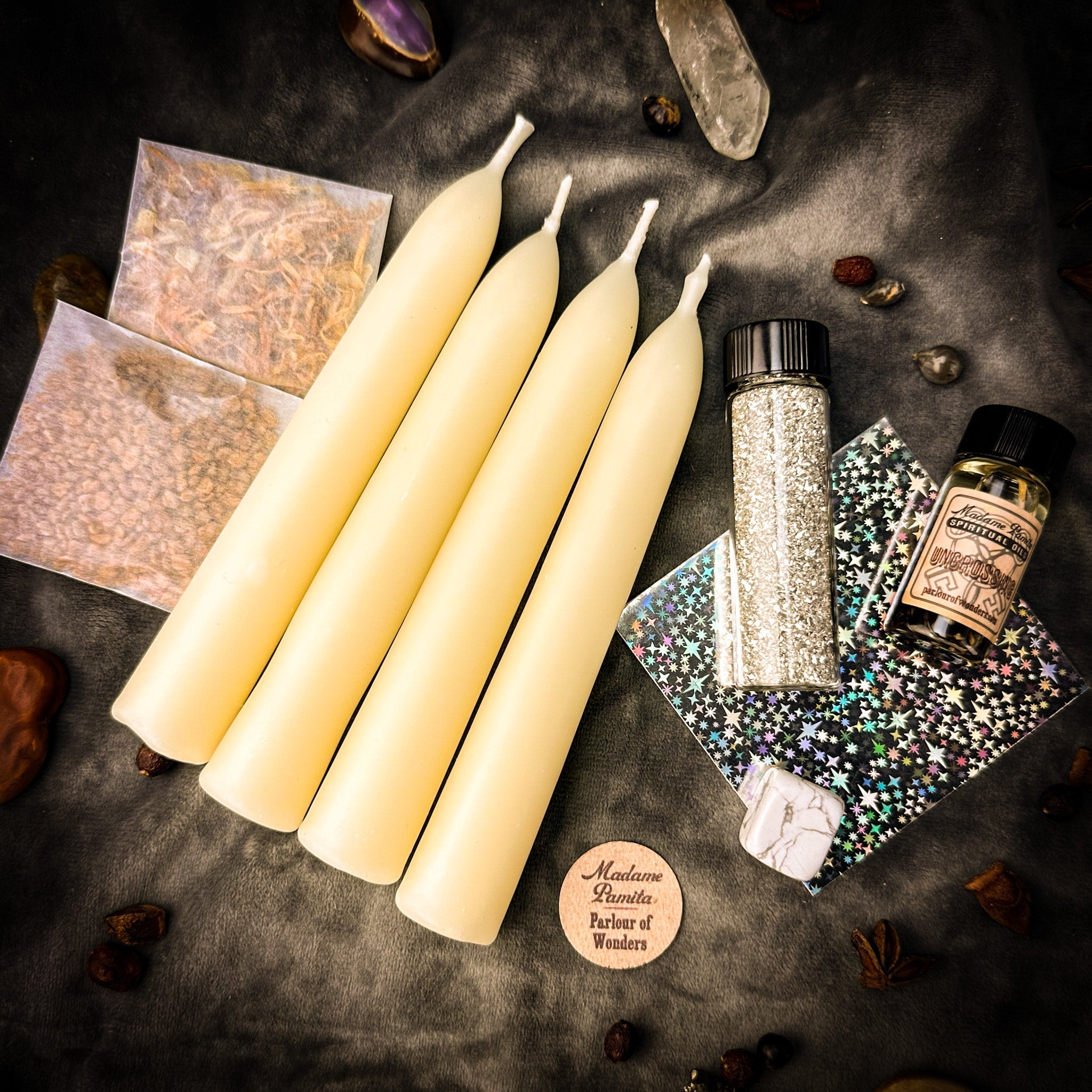 Uncrossing Candle Spell Booster Pack by Parlour of Wonders, featuring herbs and crystals for curse removal and spell enhancement.
