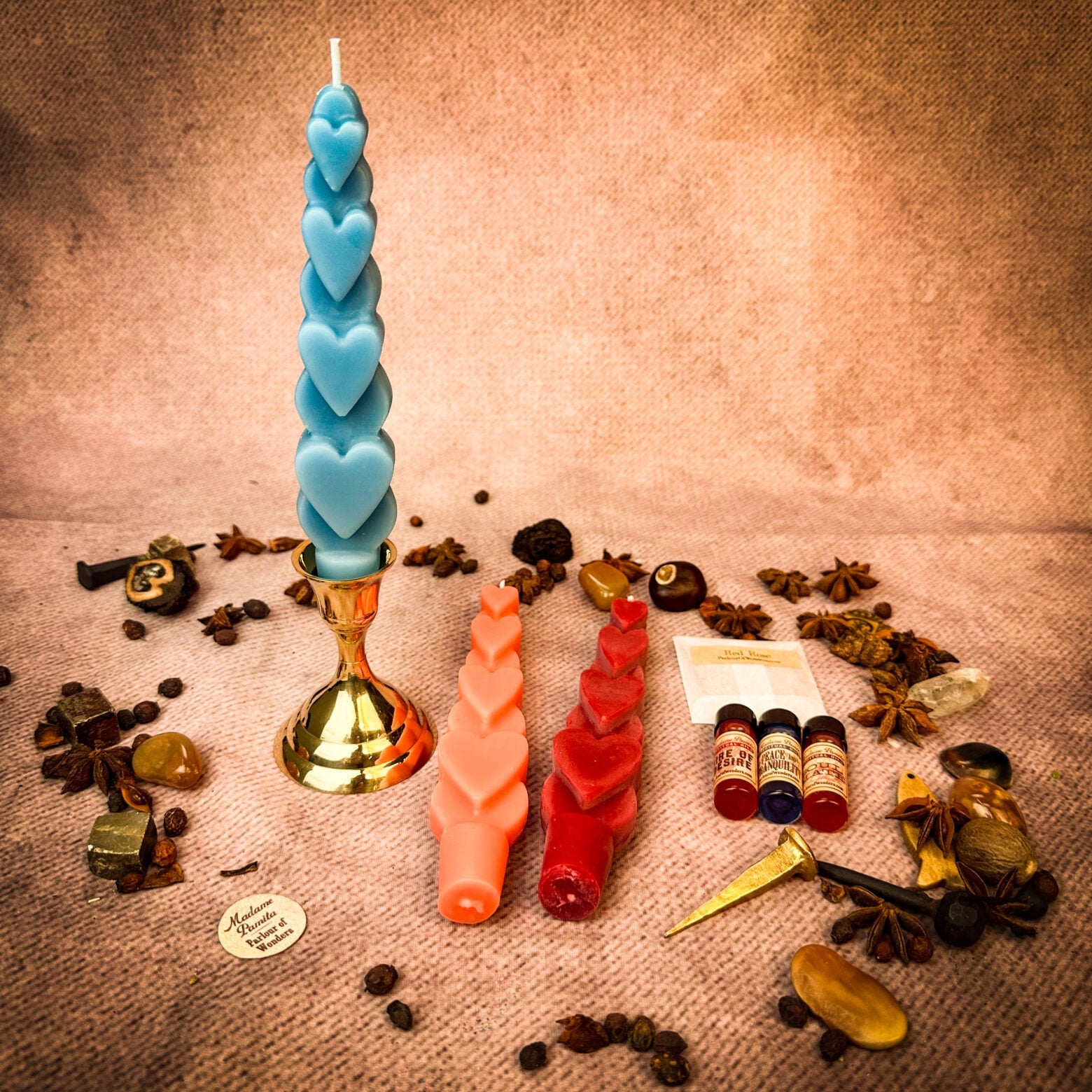 Parlour of Wonders Love Wishes Candle Spell Kit with three candles for multi-day love manifestation and magic.