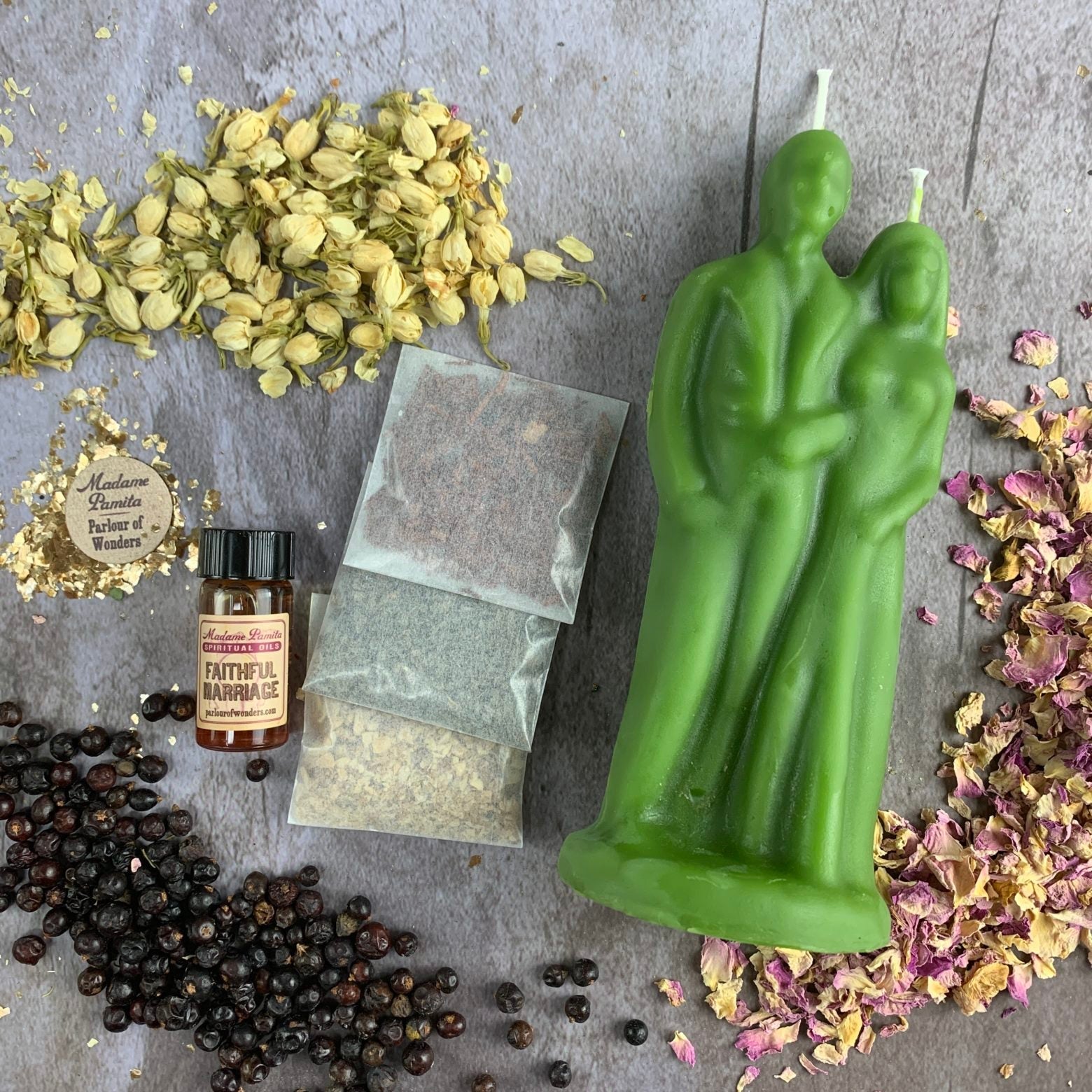 Black Candle Spell Kit for happy marriage and commitment by Parlour of Wonders, featuring candles and tools for union spells.