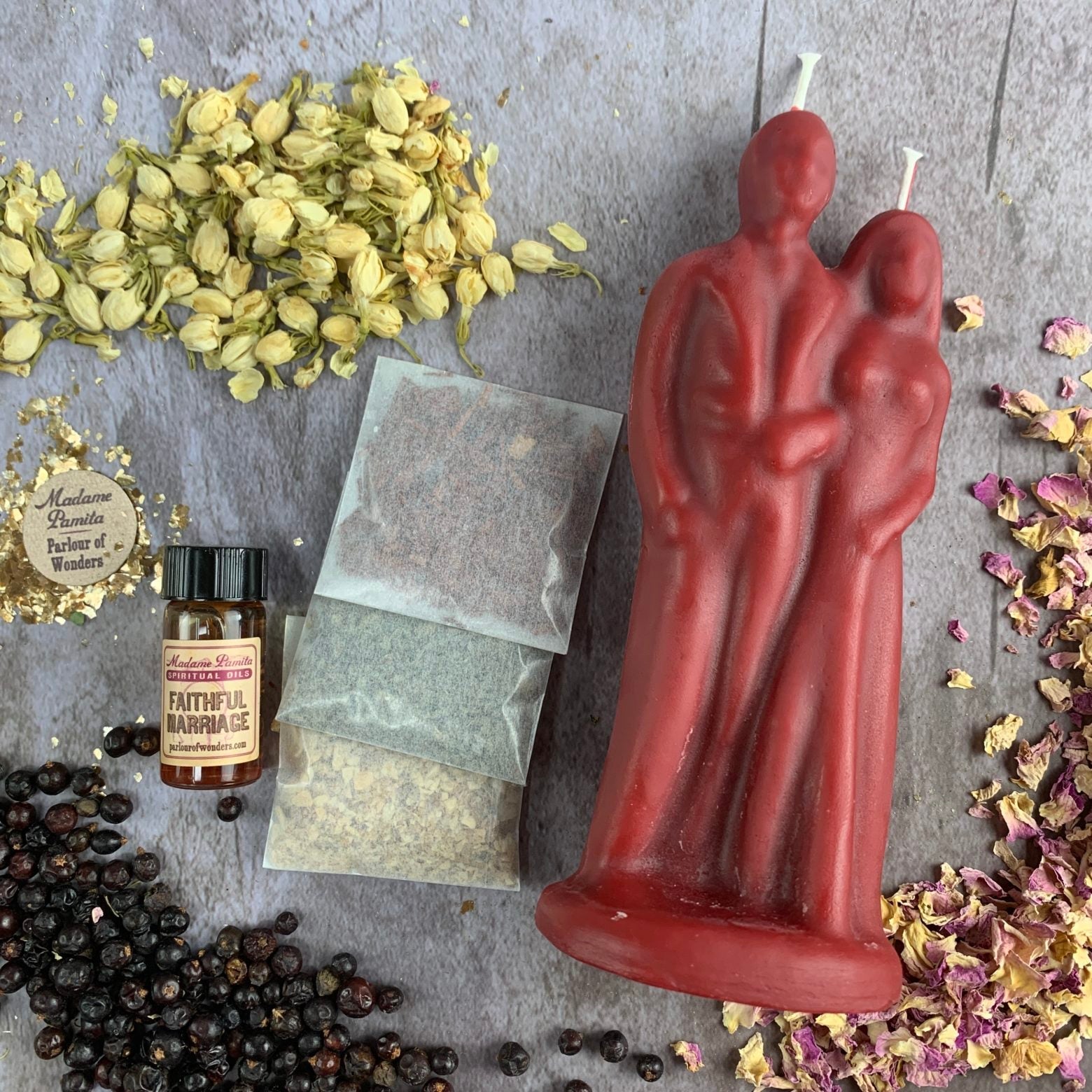 Black Candle Spell Kit for happy marriage and commitment, featuring candles and herbs for union rituals by Parlour of Wonders.