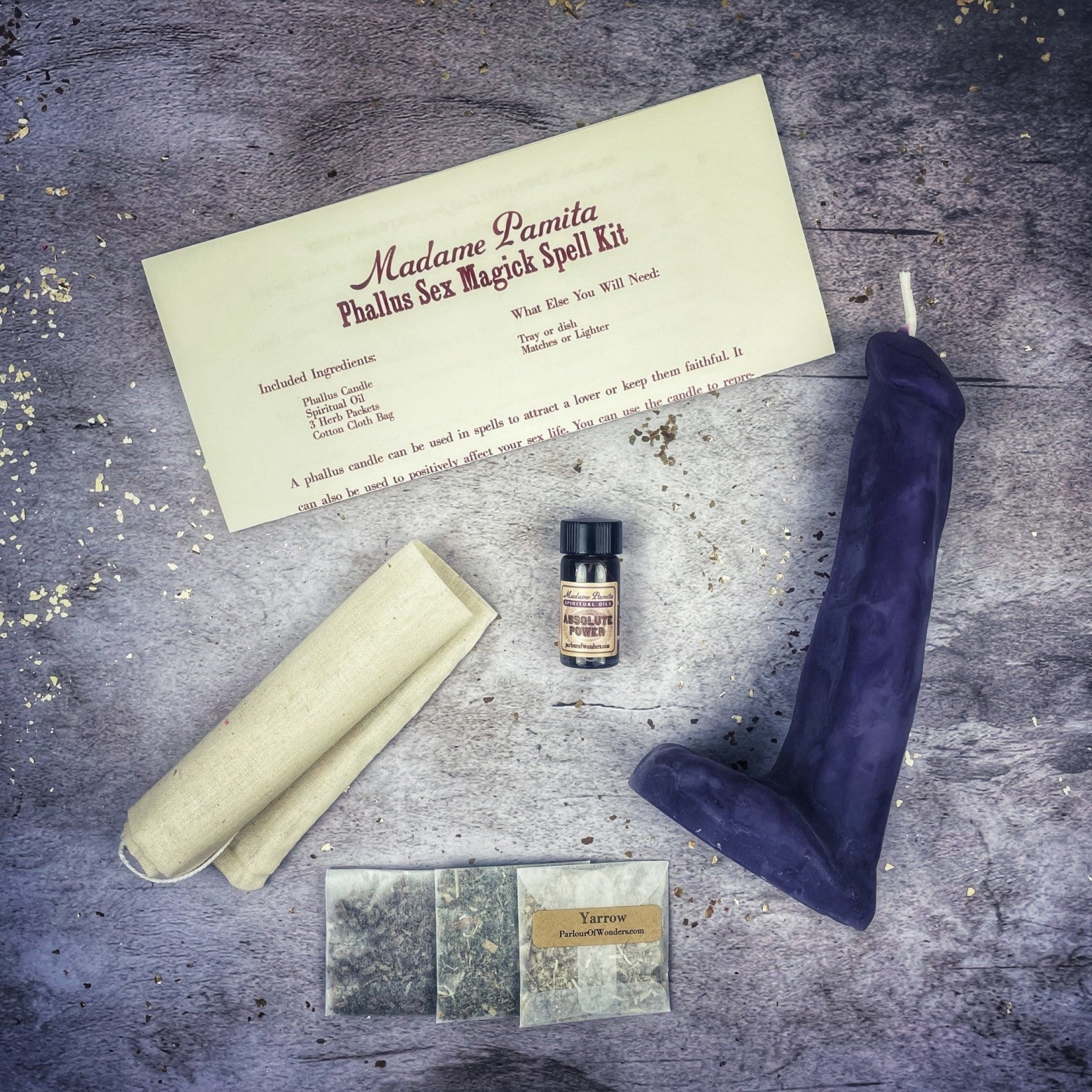 Black Phallus Sex Magick Candle Spell Kit by Parlour of Wonders, featuring candles for sexual power and attraction spells.