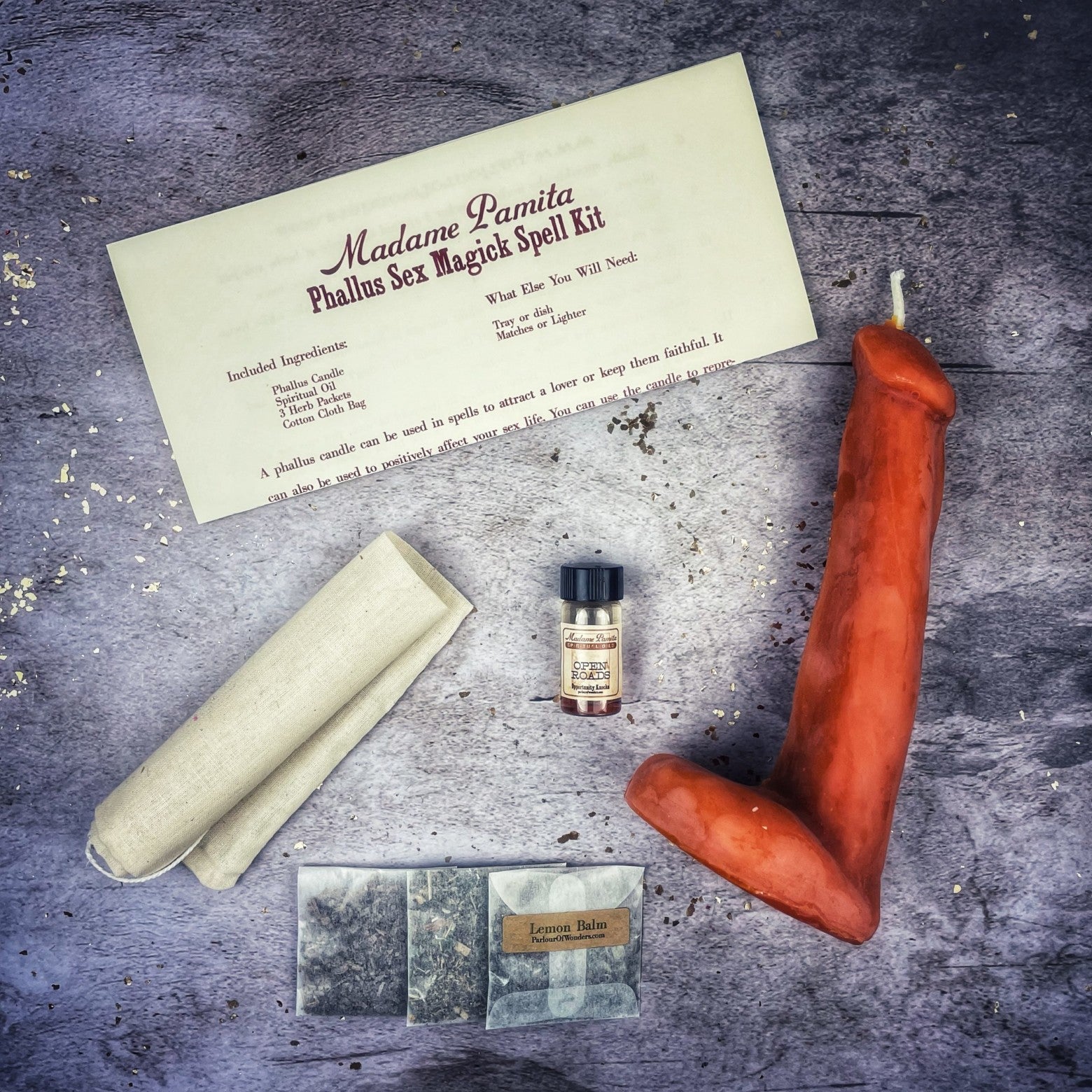 Black Phallus Sex Magick Candle Spell Kit by Parlour of Wonders for sexual power and attraction, featuring a candle and spell tools.