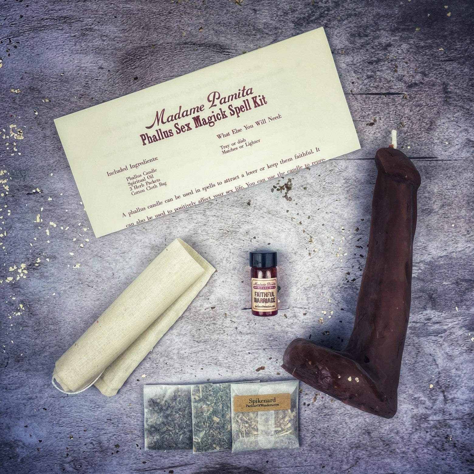 Black Phallus Sex Magick Candle Spell Kit from Parlour of Wonders for sexual power and attraction magic rituals.