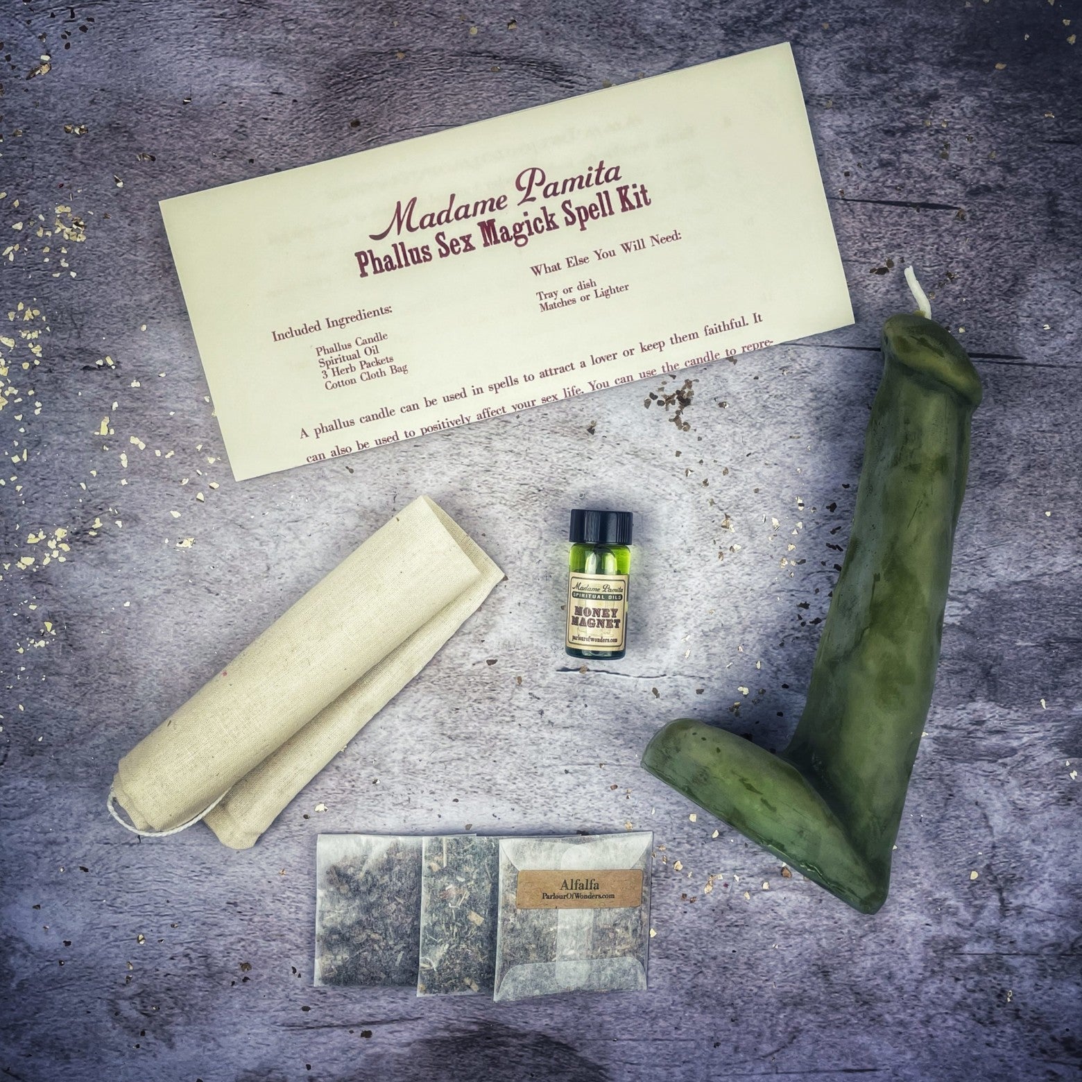 Black Phallus Candle Spell Kit by Parlour of Wonders for sexual power and attraction, featuring magic candles for spellcasting.