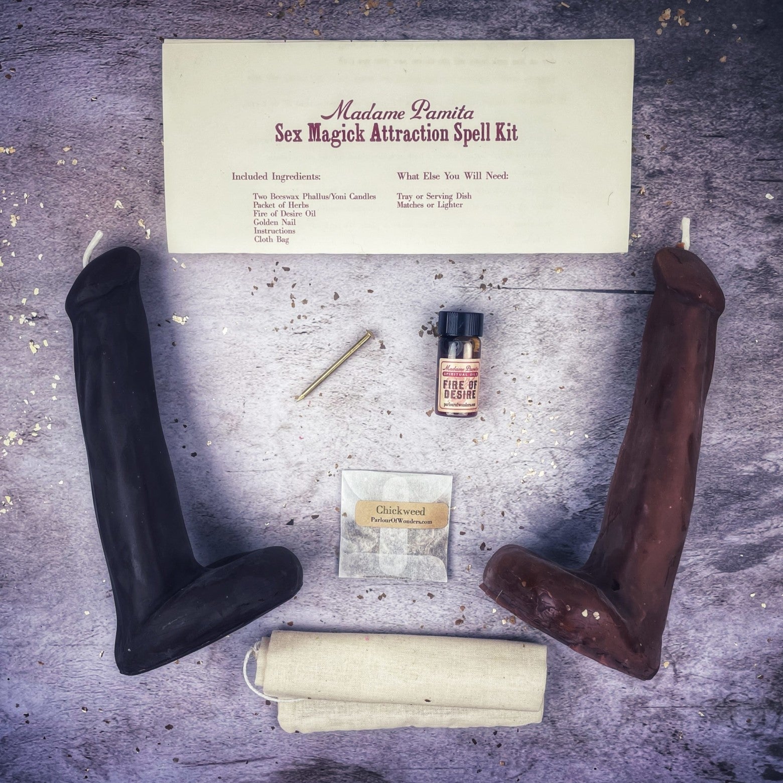 Black candle spell kit with Phallus symbol for passion and desire, designed for sex magick rituals by Parlour of Wonders.
