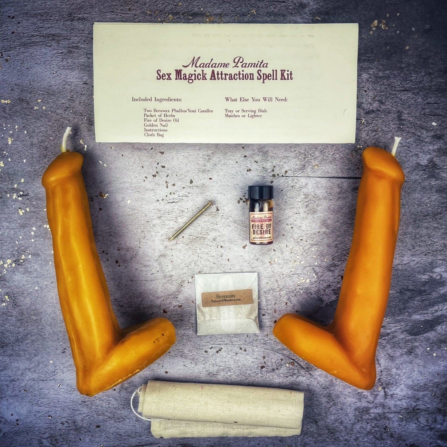 Black sex magick candle spell kit with phallus symbol from Parlour of Wonders, designed to enhance passion and desire.