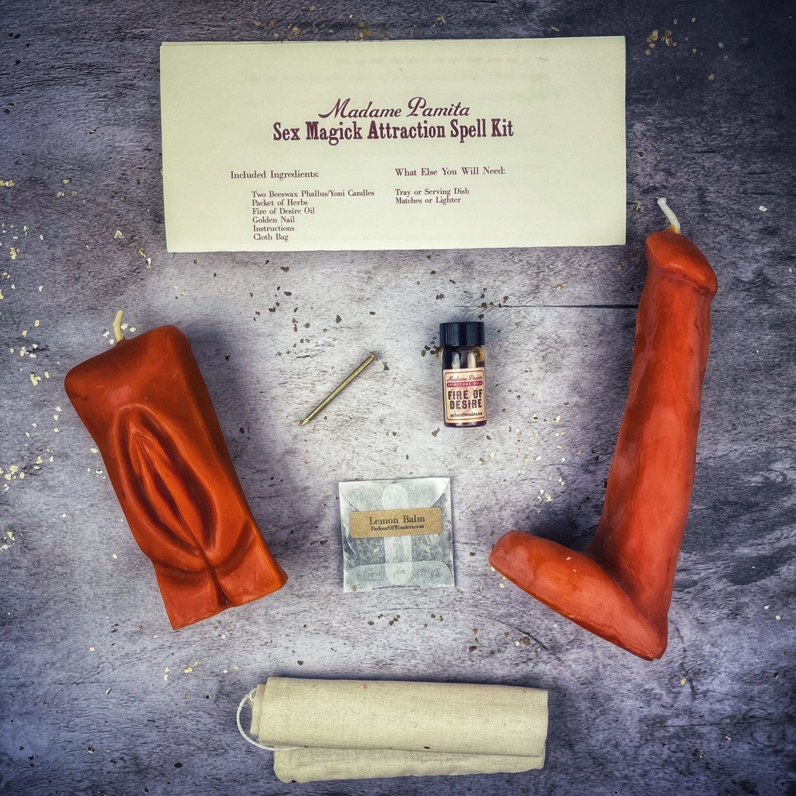 Parlour of Wonders Sex Magick Candle Spell Kit with black candles, yoni and phallus symbols for passion and attraction spell.