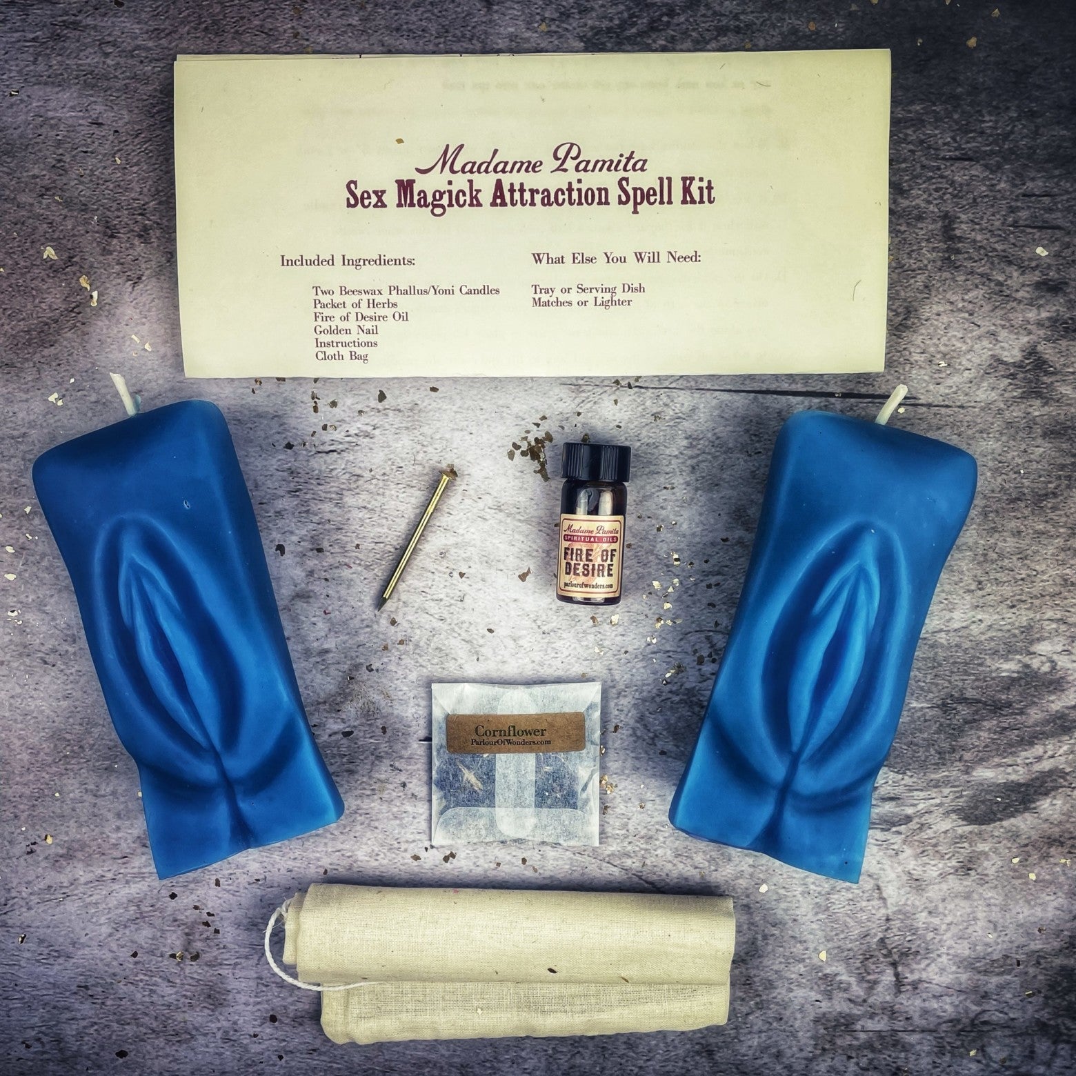 Parlour of Wonders Sex Magick Candle Spell Kit with black candles and symbols for passion and desire.