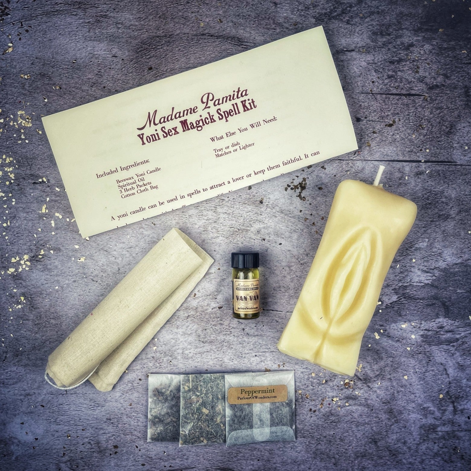 Black Yoni Sex Magick Candle Spell Kit by Parlour of Wonders, featuring candles for passion, attraction, and sexual power.
