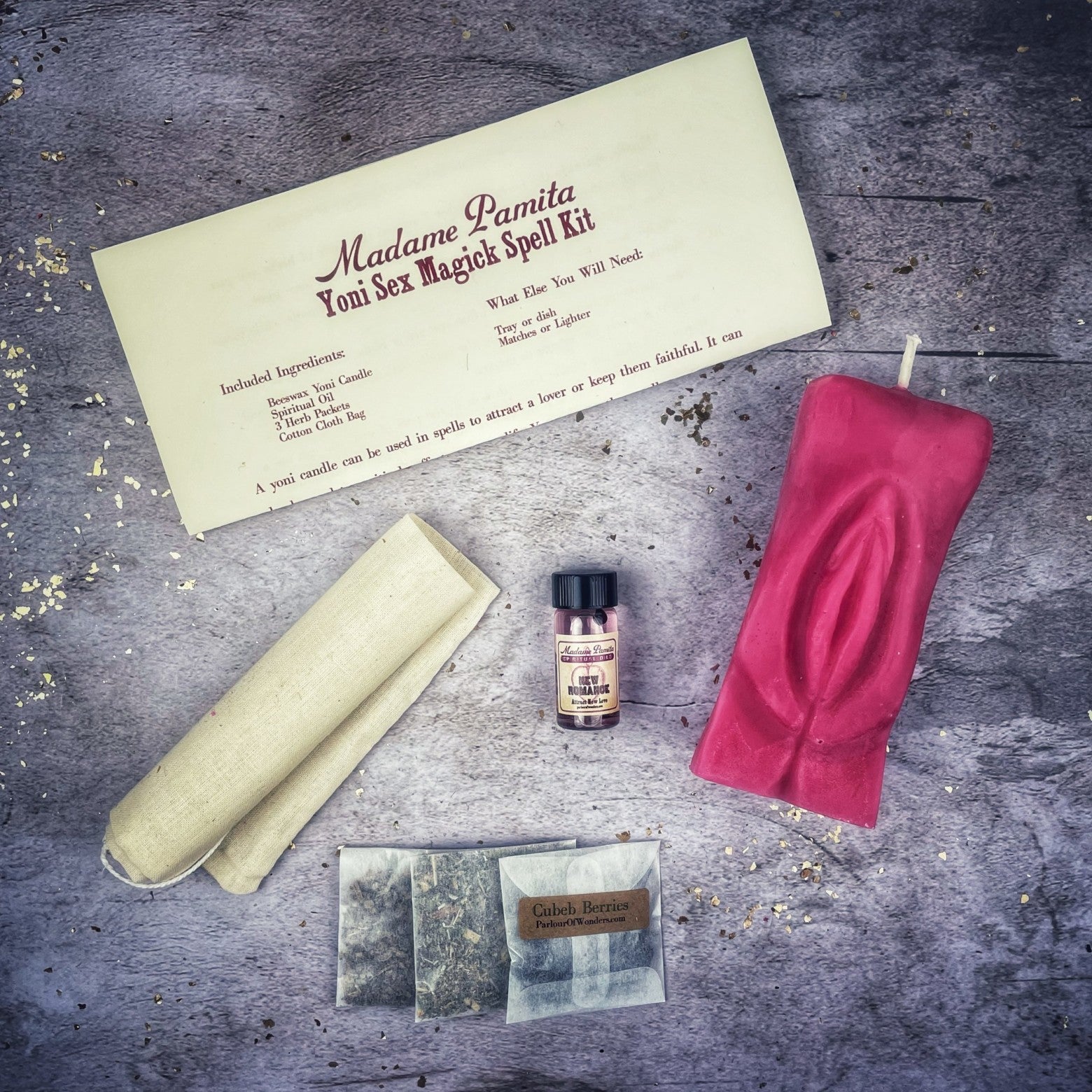 Black Yoni Sex Magick Candle Spell Kit by Parlour of Wonders, featuring candles for passion, attraction, and sexual empowerment.