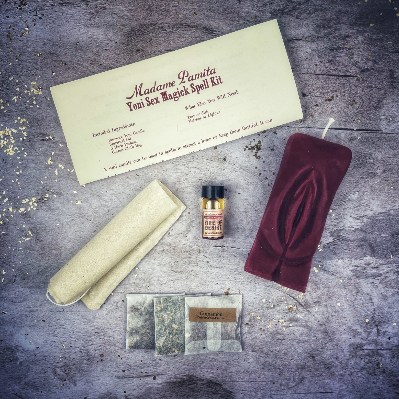 Black Yoni Sex Magick Candle Spell Kit by Parlour of Wonders with ritual candles and spell tools for passion and attraction.