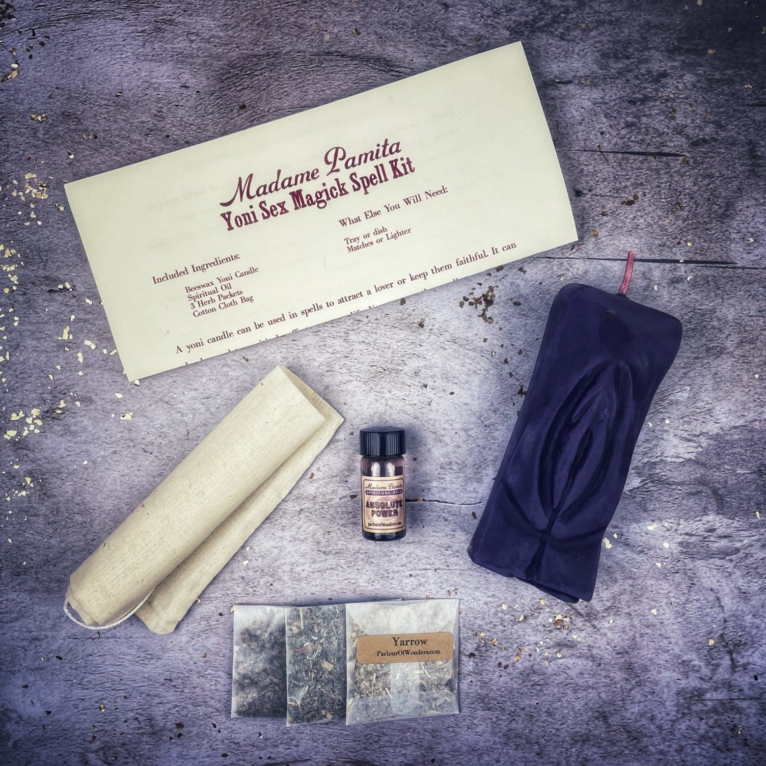 Black Yoni Sex Magick Candle Spell Kit by Parlour of Wonders, featuring candles for passion, attraction, and sexual power.