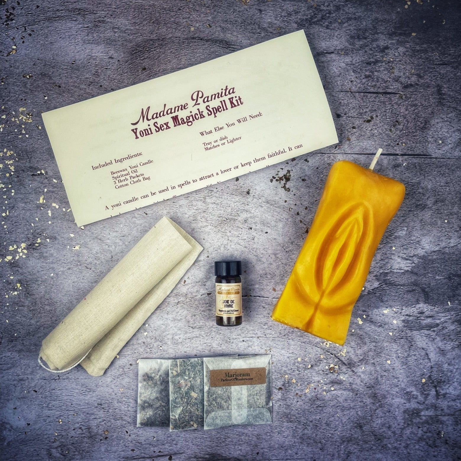 Black Yoni Sex Magick Candle Spell Kit from Parlour of Wonders with candles and ritual tools for passion, attraction, and sexual power.