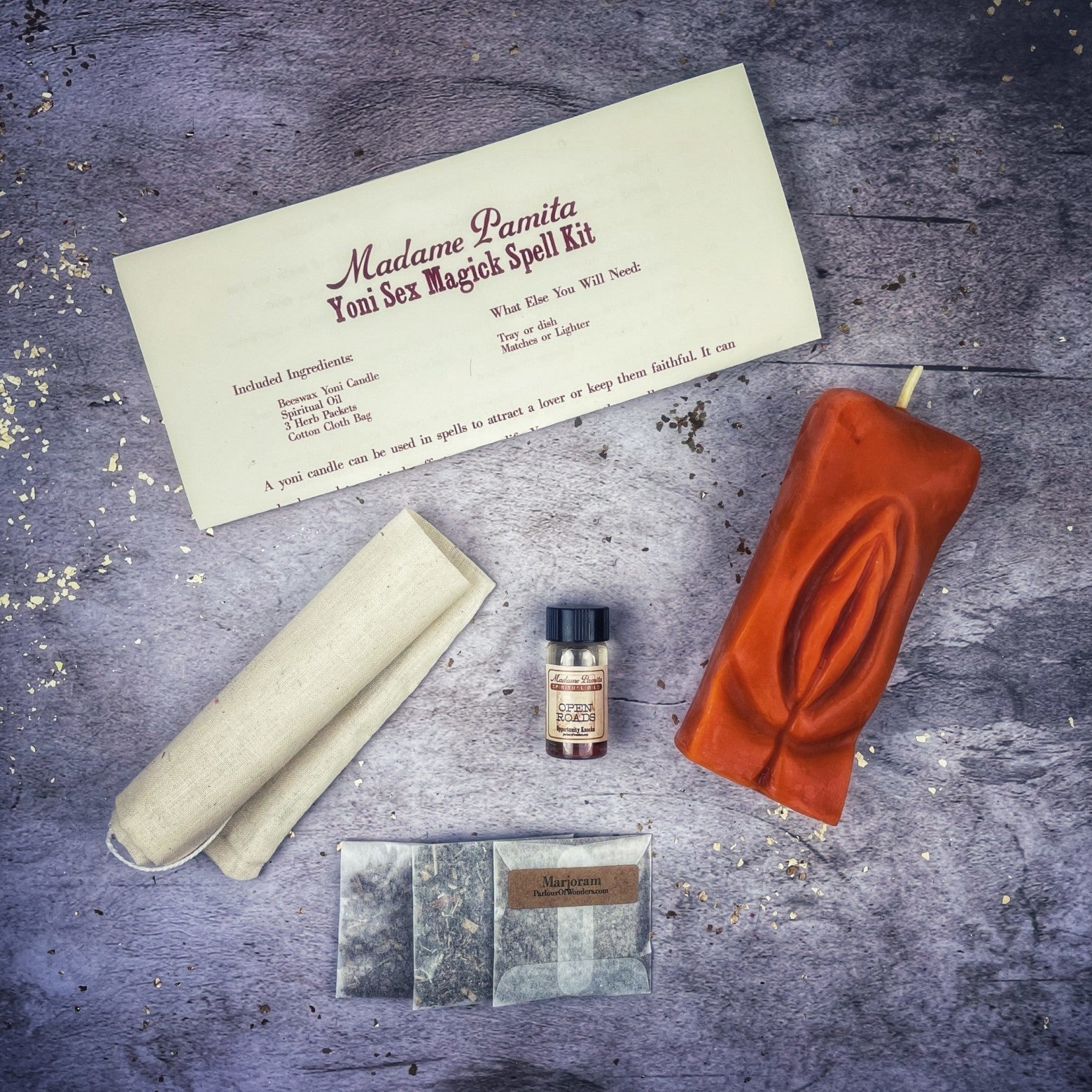 Black Yoni Sex Magick Candle Spell Kit by Parlour of Wonders with candles and ritual tools for passion, attraction, and sexual power.