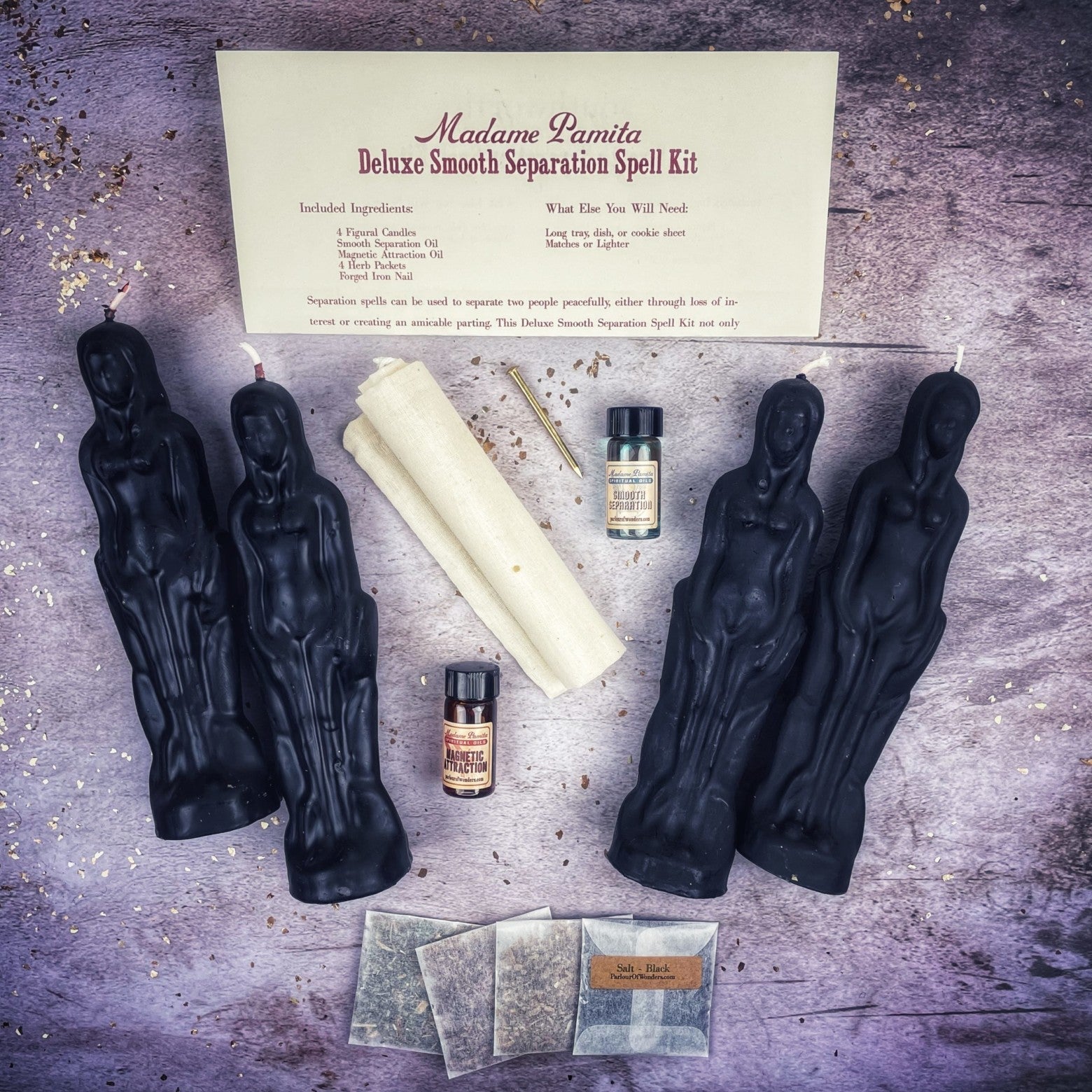 Deluxe Smooth Separation Candle Spell Kit by Parlour of Wonders featuring black candles for peaceful parting and love direction.