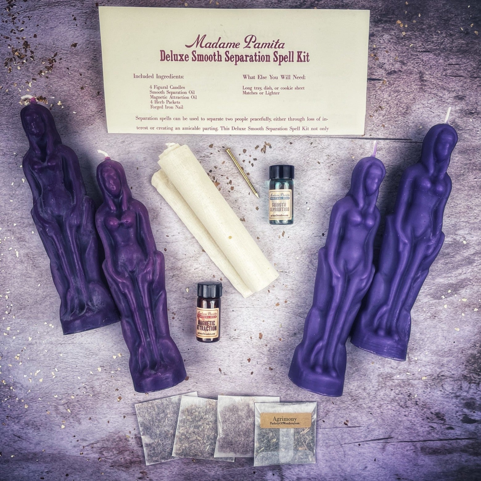 Deluxe Smooth Separation Candle Spell Kit by Parlour of Wonders featuring black candles for peaceful parting and love direction.