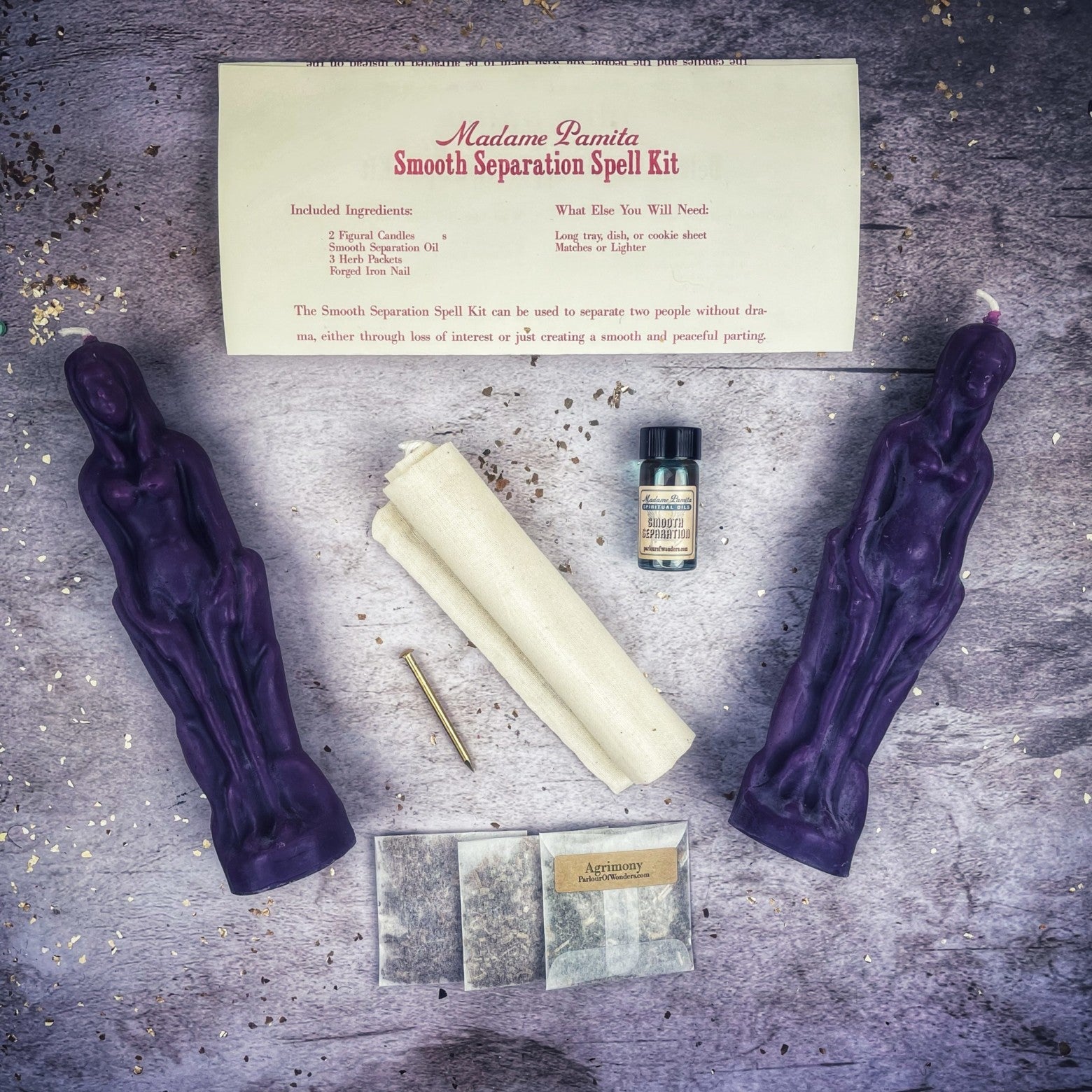 Parlour of Wonders Smooth Separation Candle Spell Kit for female/female relationships, featuring black candles for peaceful parting.