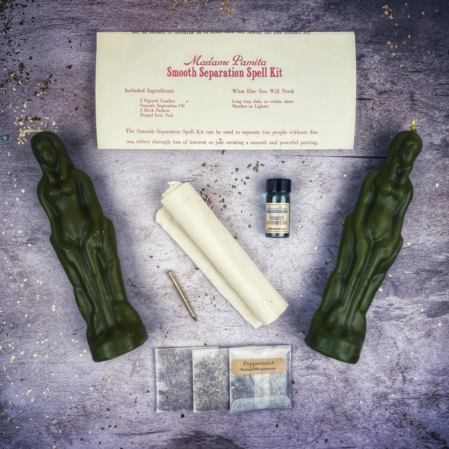 Black Candle Spell Kit for female/female peaceful separation from Parlour of Wonders, featuring smooth separation candles and ritual tools.