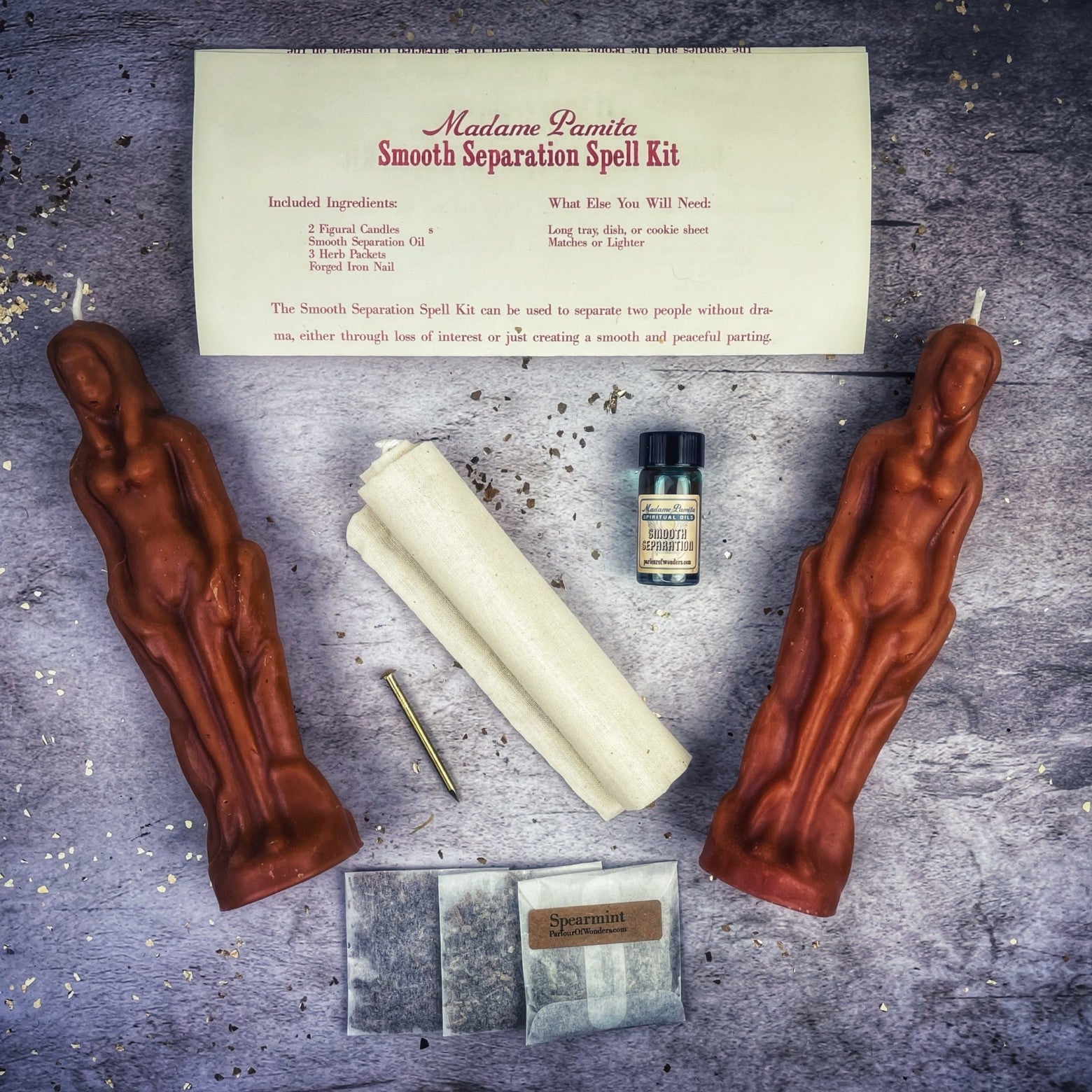 Black Candle Spell Kit for female/female separation by Parlour of Wonders, featuring candles and tools for peaceful parting rituals.