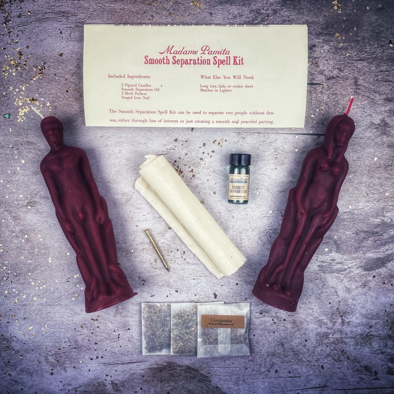 Parlour of Wonders Smooth Separation Candle Spell Kit with black candles for peaceful parting between female and male.