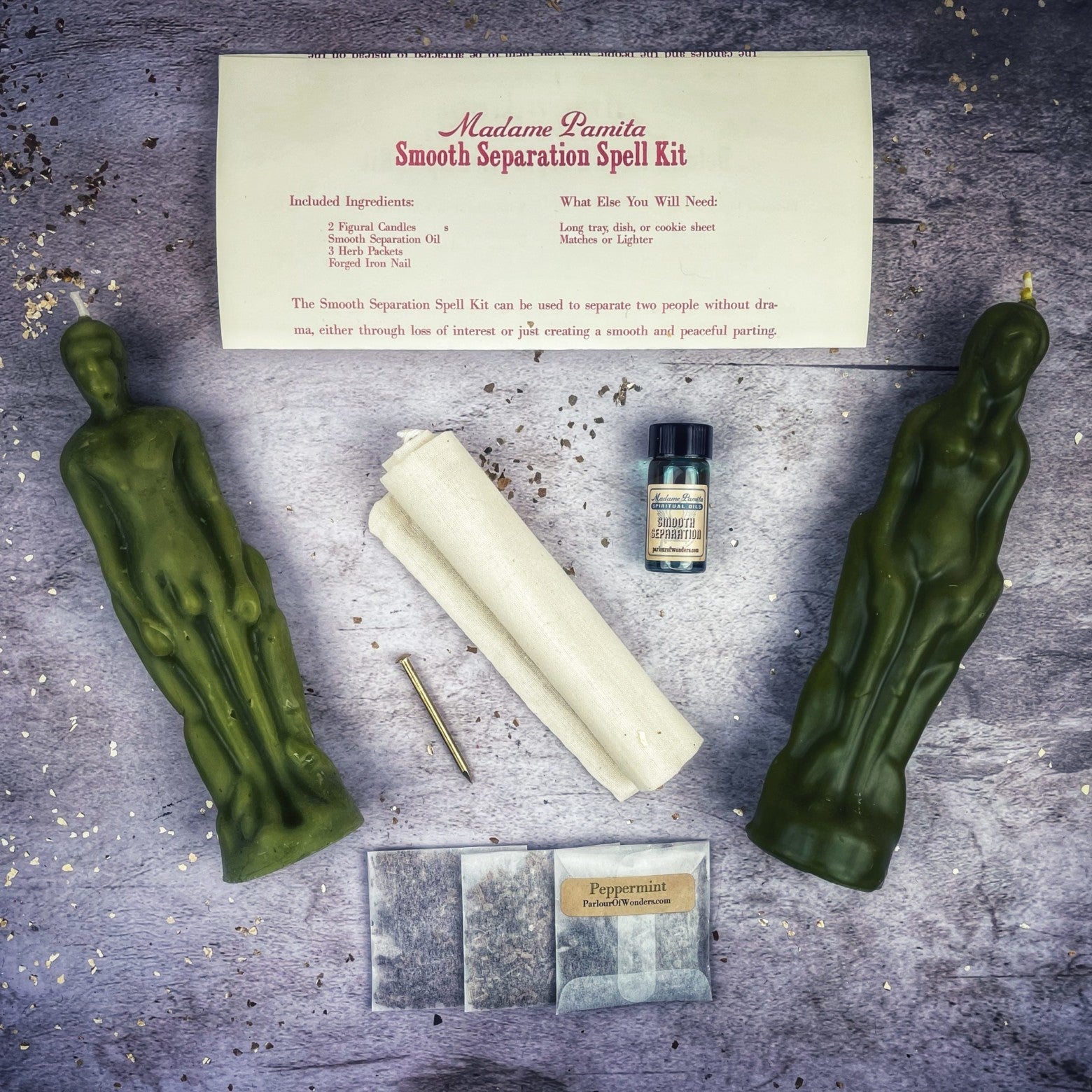Parlour of Wonders Smooth Separation Candle Spell Kit with black candles for peaceful parting, designed for female and male separation.