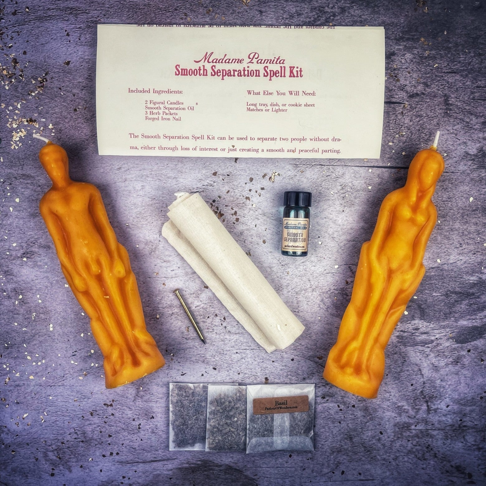 Parlour of Wonders Smooth Separation Candle Spell Kit with black candles for peaceful parting between female and male individuals.