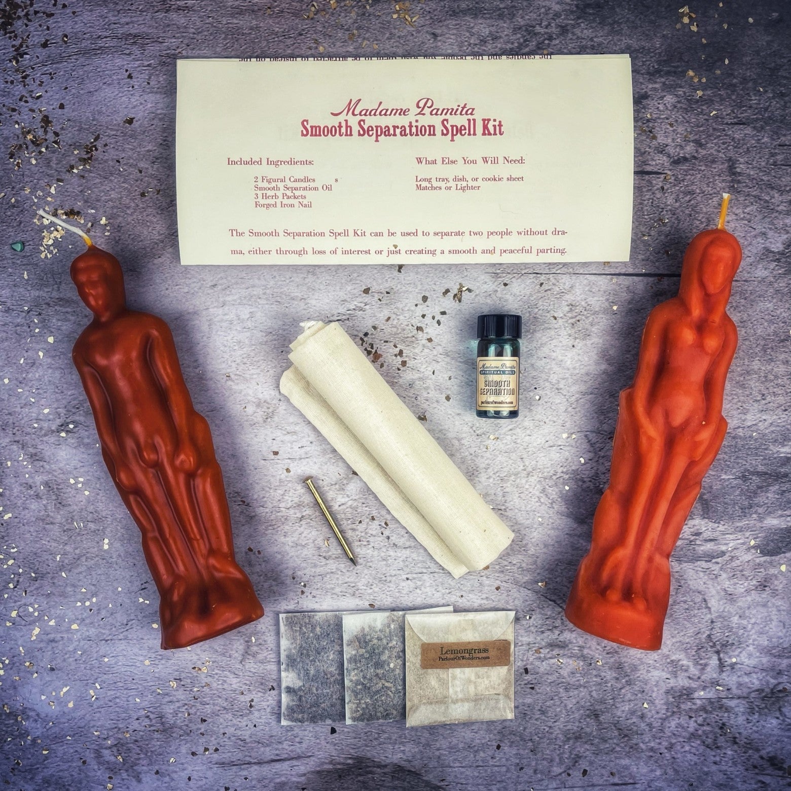 Smooth Separation Candle Spell Kit by Parlour of Wonders featuring black candles for peaceful parting and relationship separation.