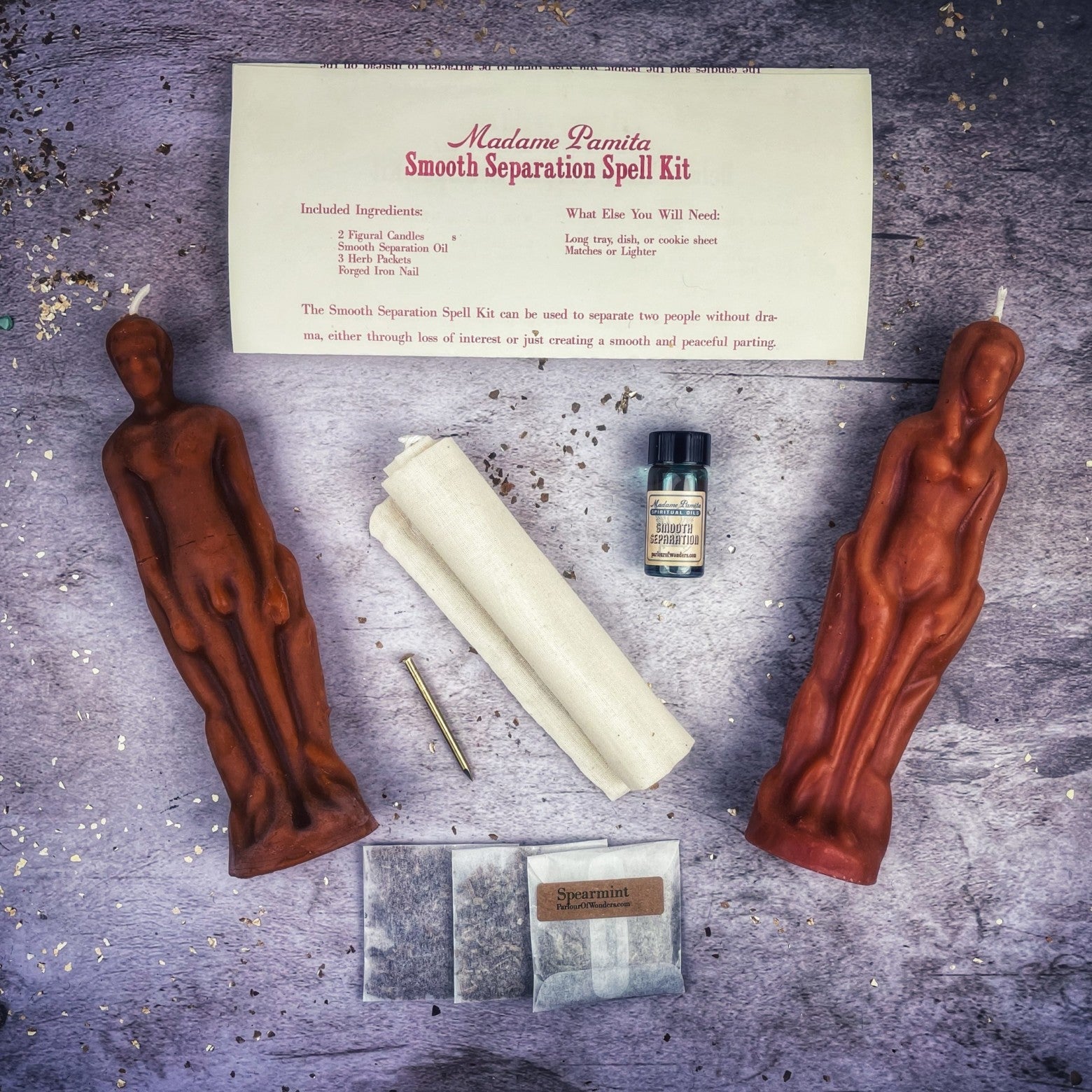 Parlour of Wonders Smooth Separation Candle Spell Kit for peaceful parting, featuring black candles for male and female separation.