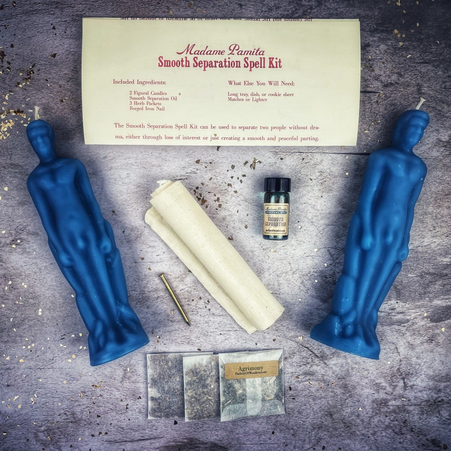 Black Candle Spell Kit for male/male peaceful separation by Parlour of Wonders, featuring candles and tools for smooth parting rituals.