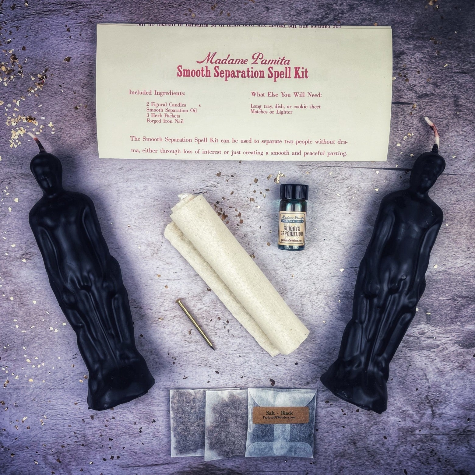 Black Candle Spell Kit for peaceful separation, featuring candles designed for male/male relationships by Parlour of Wonders.