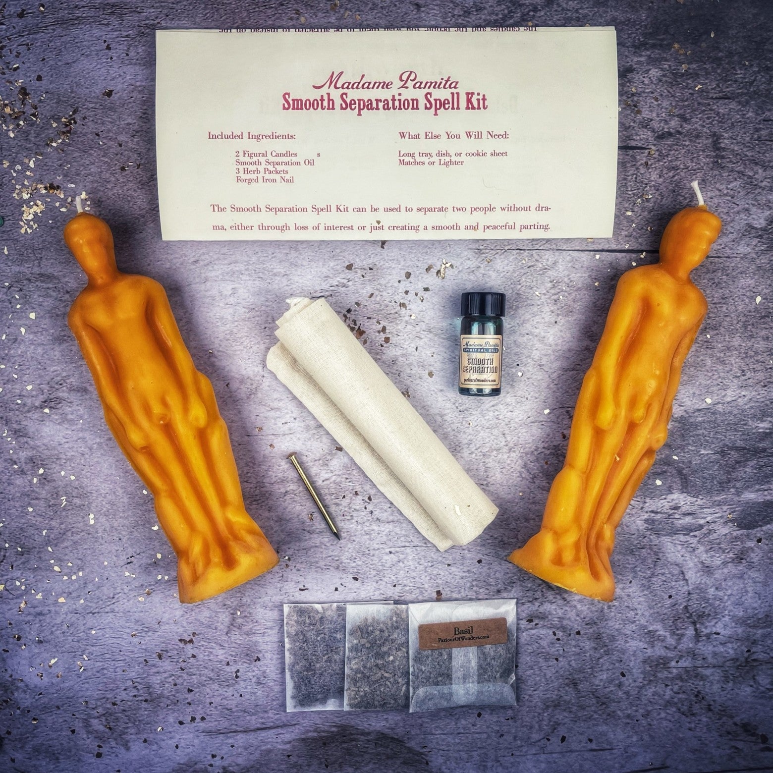 Black Candle Spell Kit for peaceful parting, designed for male/male separation, by Parlour of Wonders.