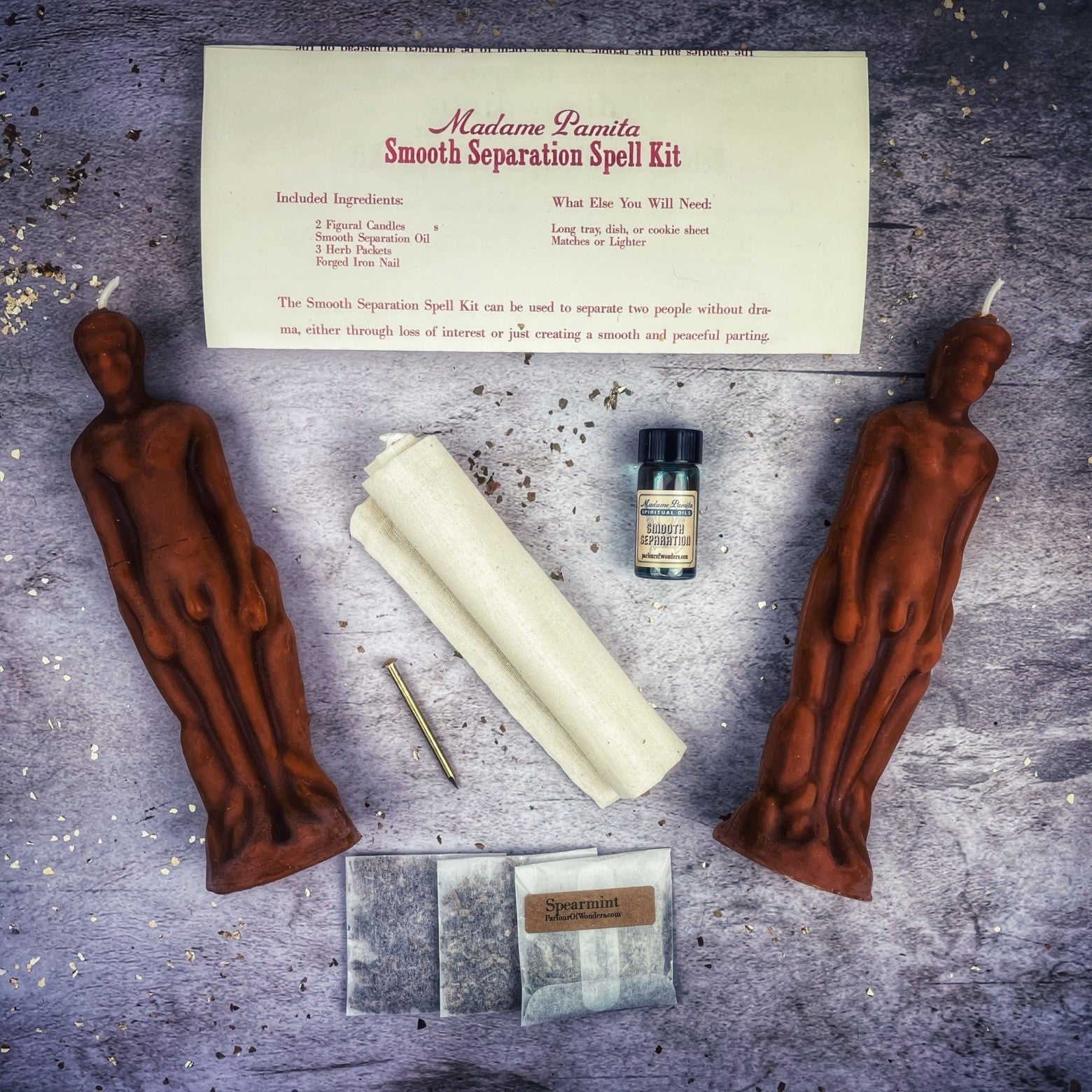 Black Candle Spell Kit for peaceful separation, featuring candles for male/male parting from Parlour of Wonders.
