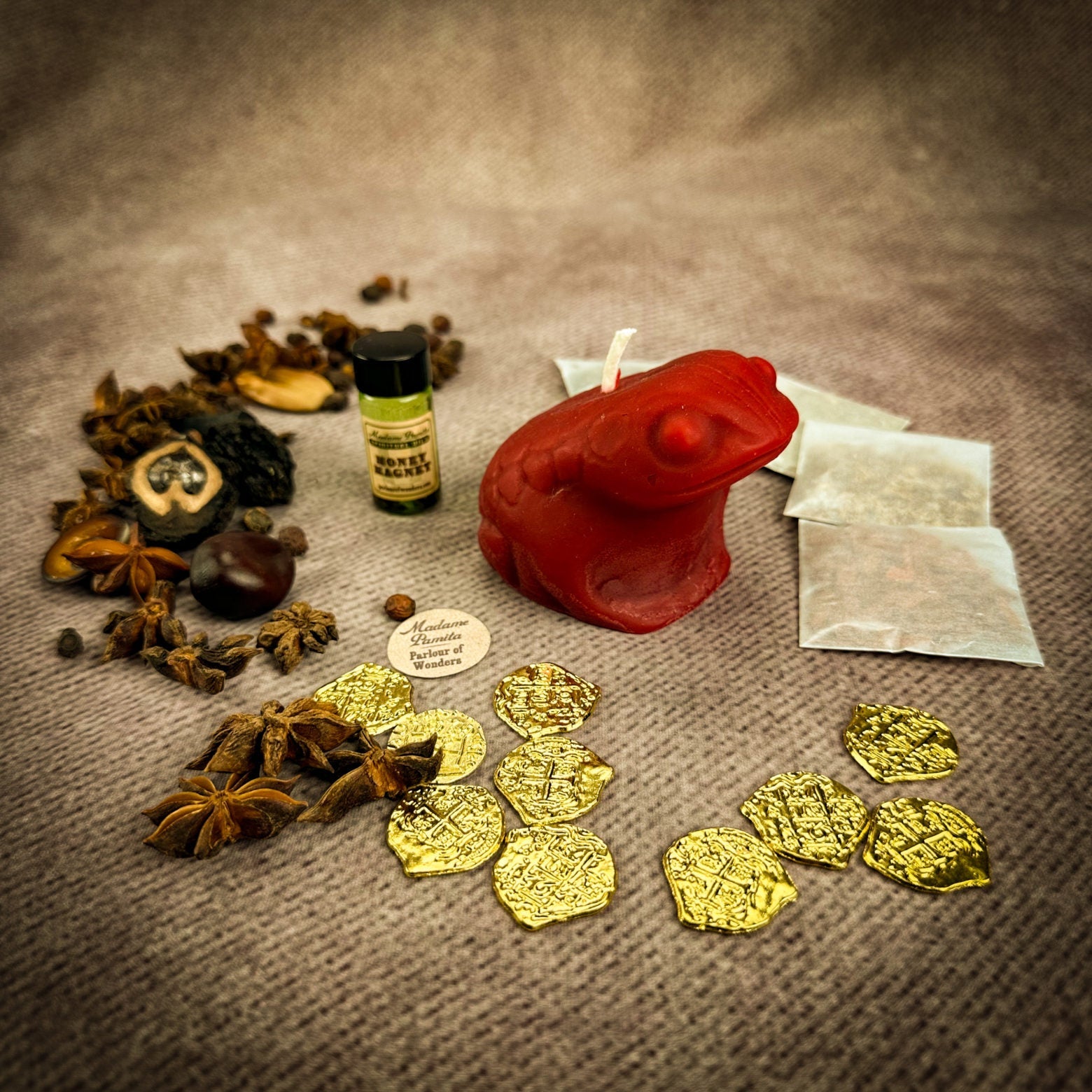 Lucky Money Frog Candle Spell Kit by Parlour of Wonders for abundance and prosperity, featuring a black candle and ritual accessories.