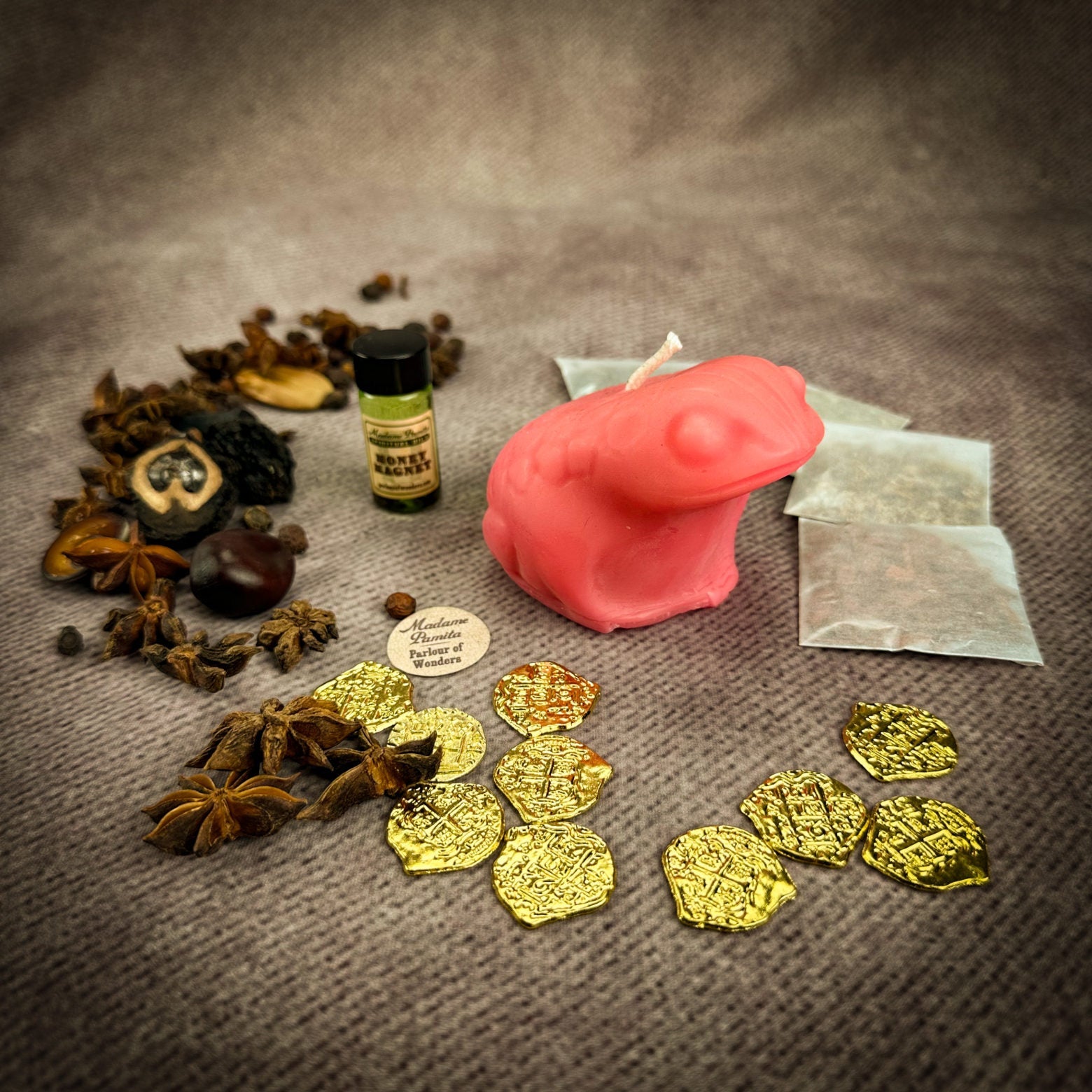Lucky Money Frog Candle Spell Kit by Parlour of Wonders for abundance and prosperity, featuring black candles and related spell components.