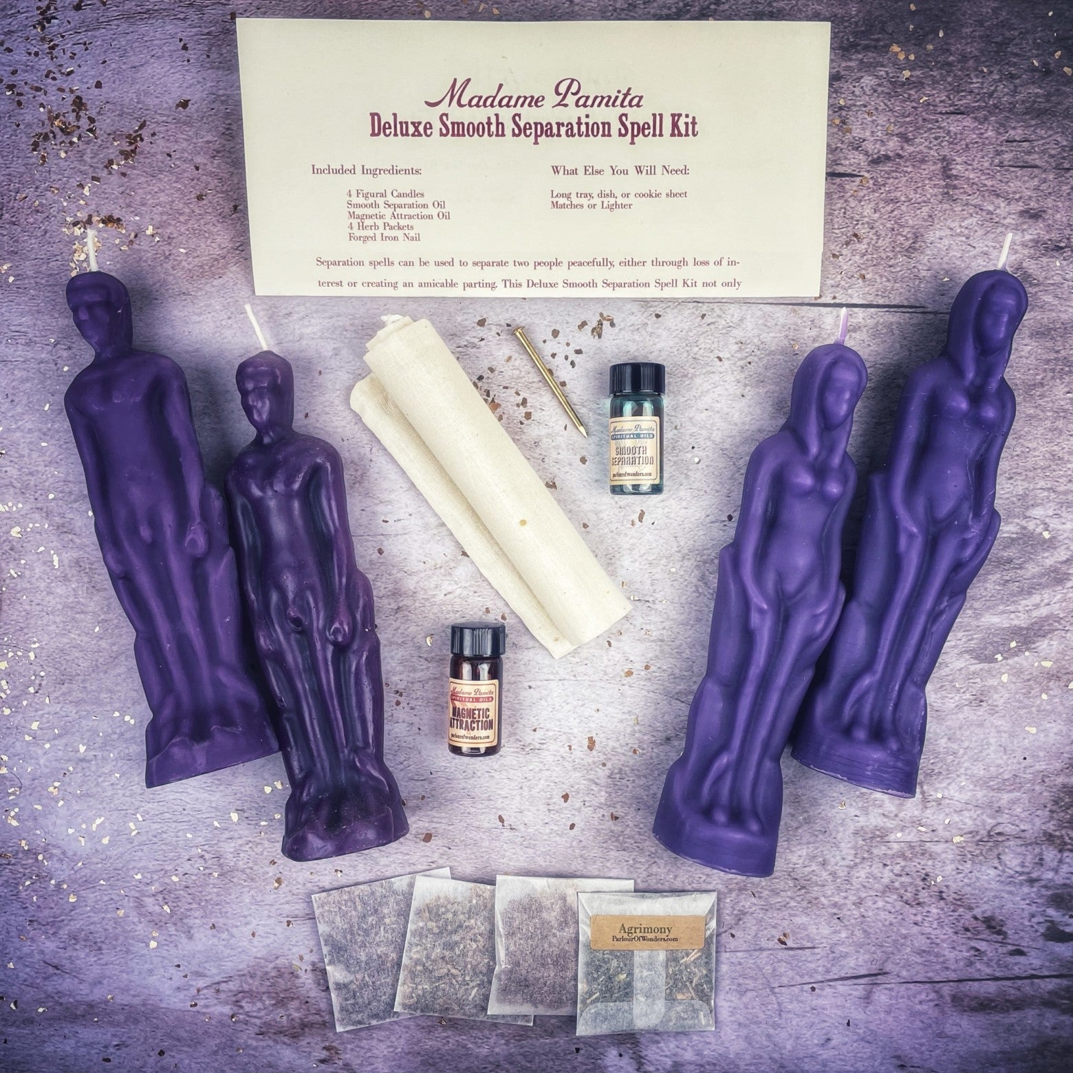 Deluxe Candle Spell Kit by Parlour of Wonders featuring black candles for peaceful parting and love separation rituals.
