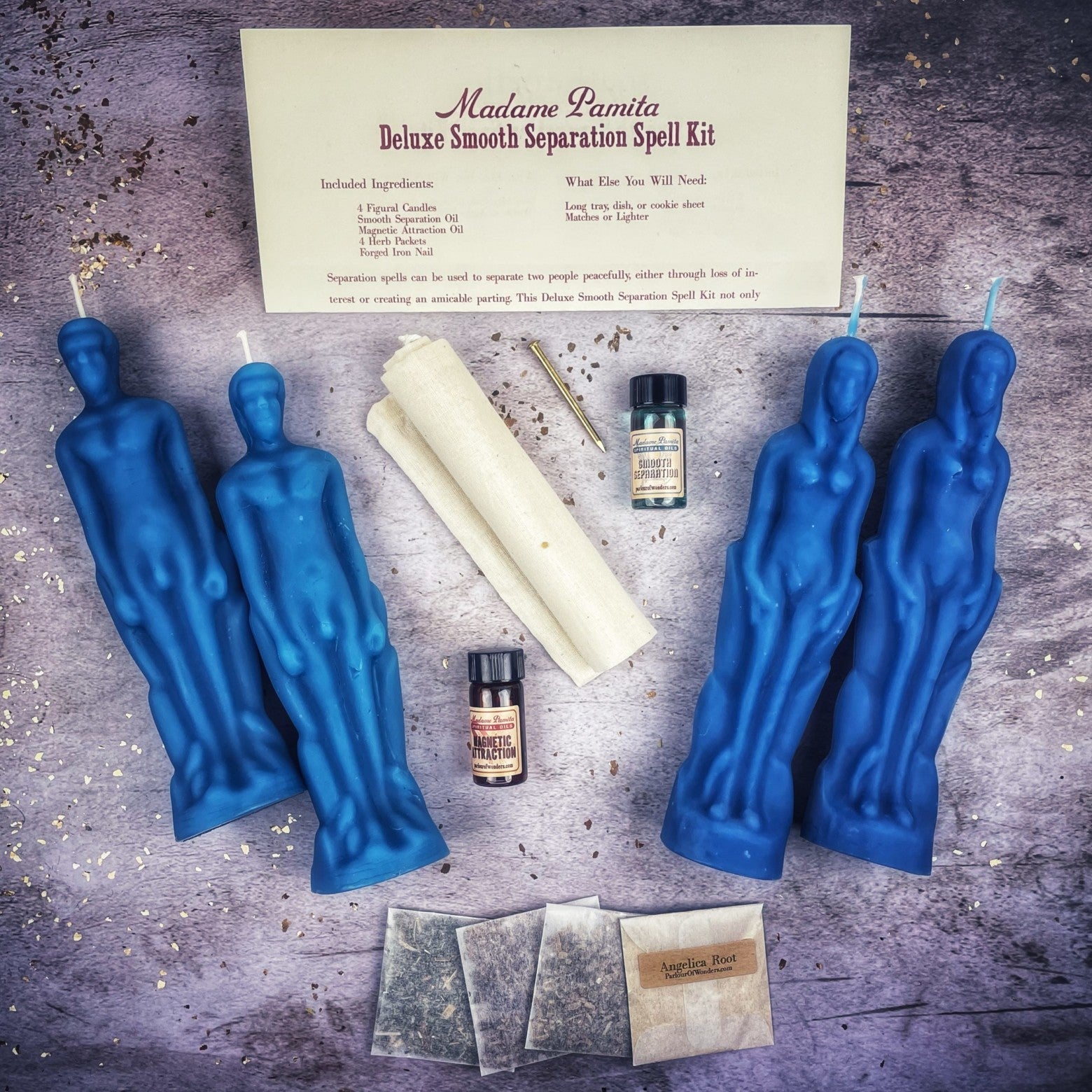 Deluxe Smooth Separation Candle Spell Kit by Parlour of Wonders with black candles for peaceful parting and love direction.